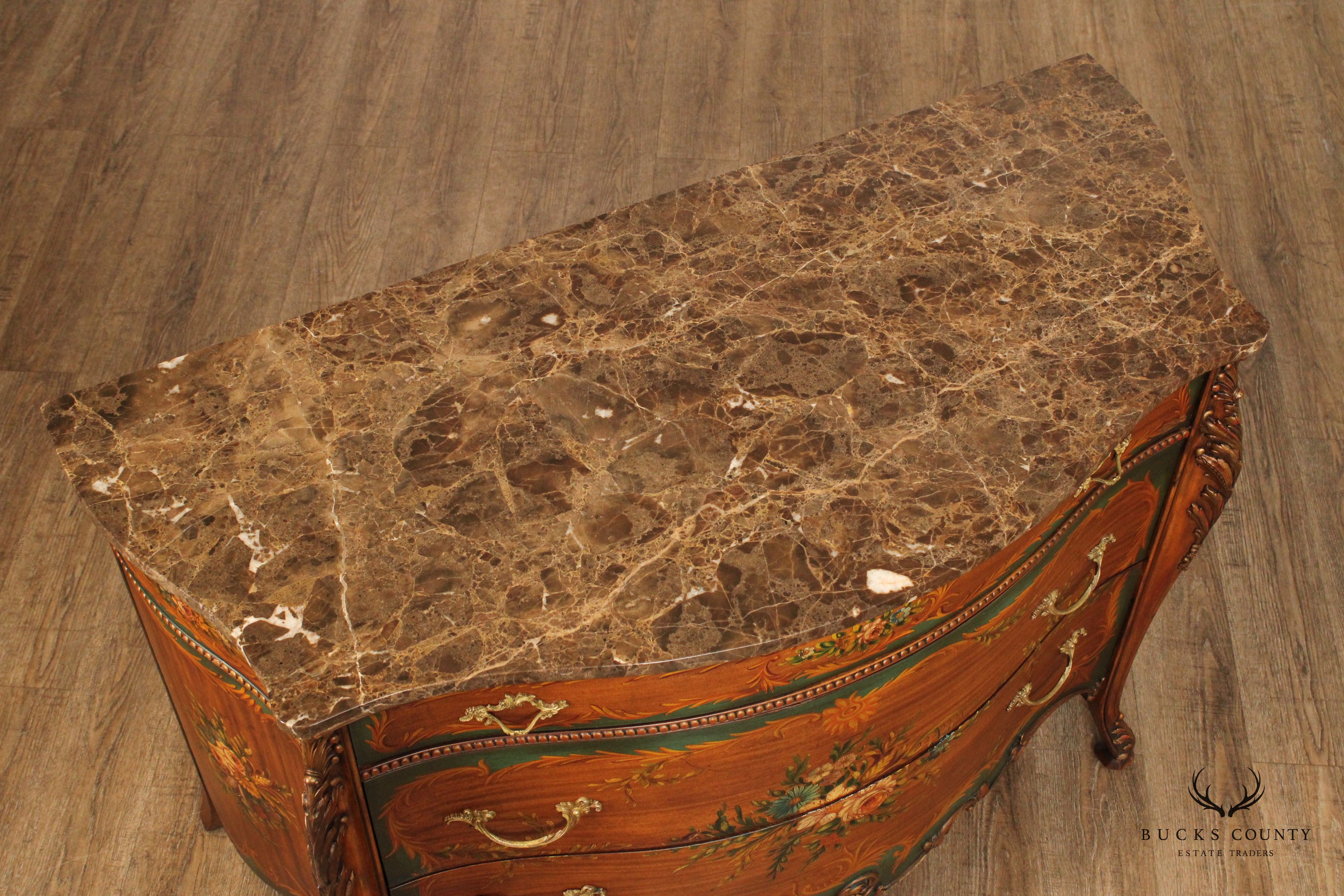 French Louis XV Style Paint Decorated Marble Top Commode