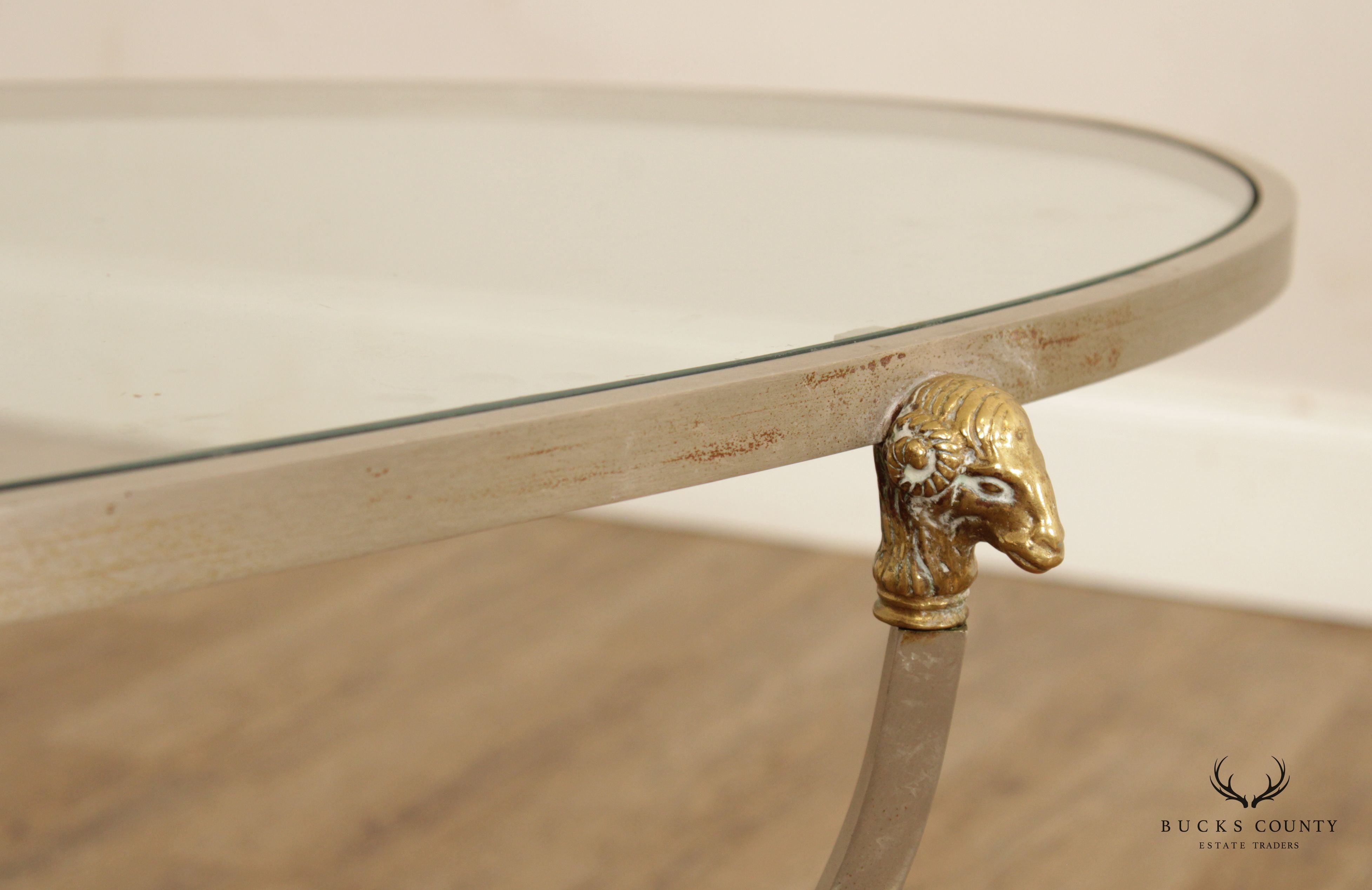 Directoire Neoclassical Style Vintage Brushed Steel, Brass, and Glass Top Coffee Table