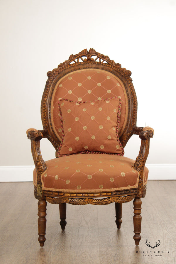 French Louis XVI Victorian Style Carved  Armchair
