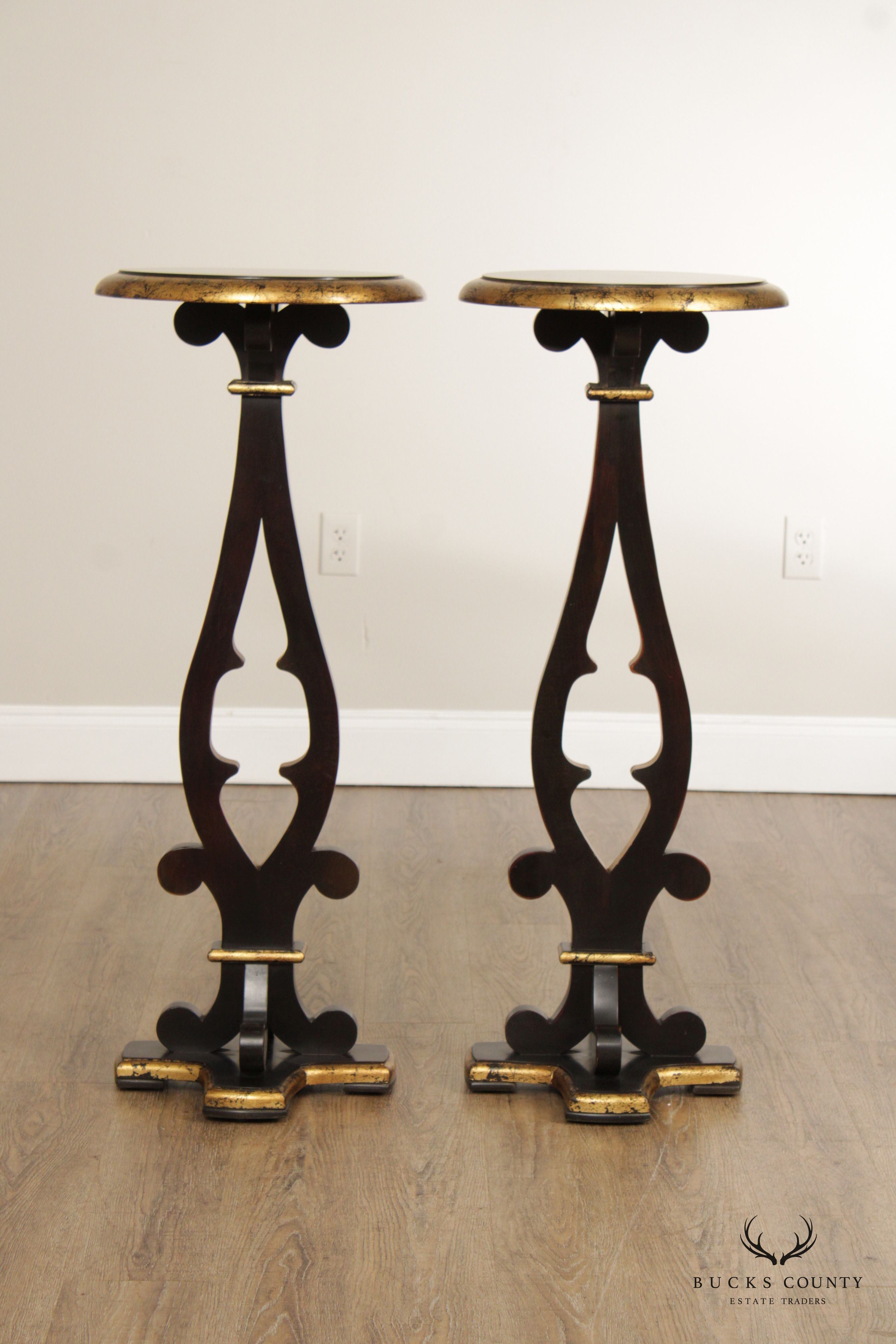 Vintage Ebonized and Partial Gilt Pair of Pedestal Plant Stands