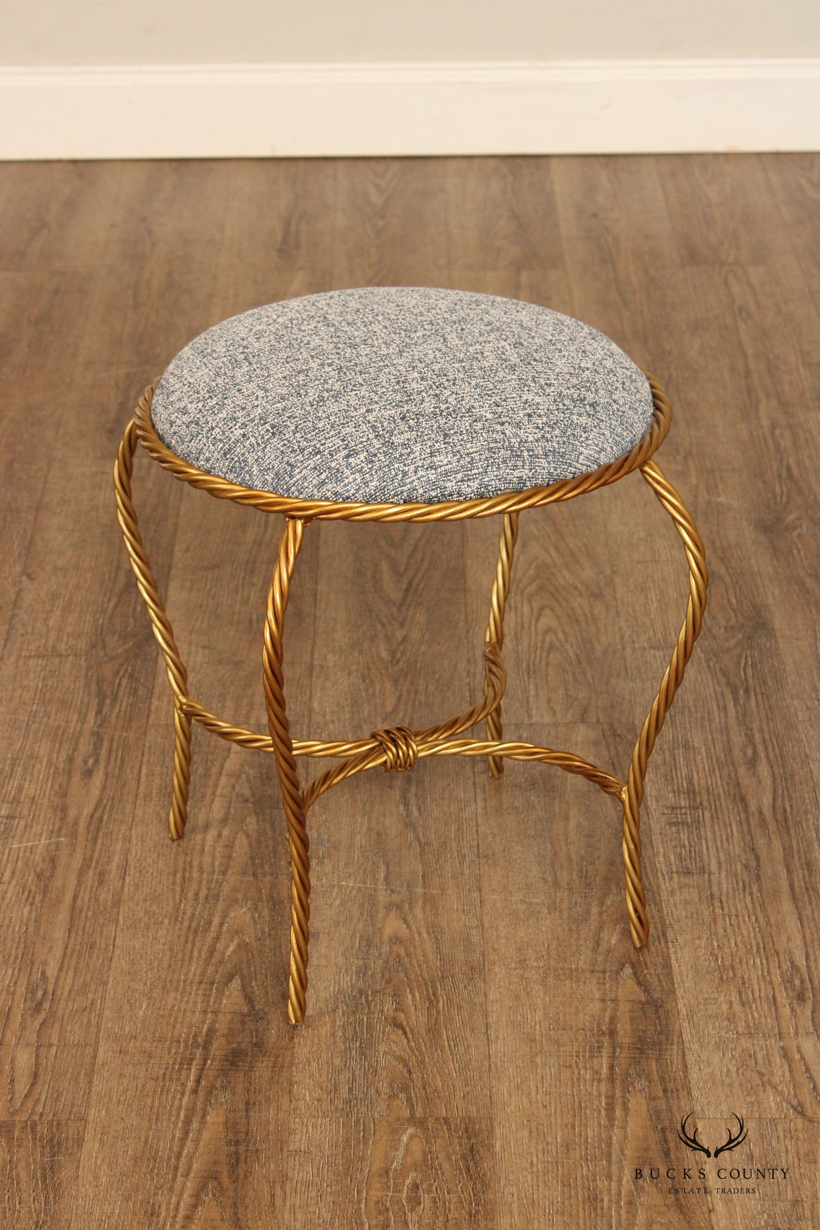 Hollywood Regency Pair of Gilt Metal Rope Twist Stools