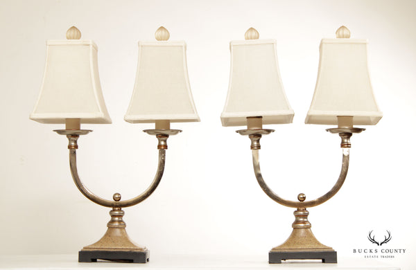 Modern Neoclassical Style Pair of Chrome Two-Light Table Lamps (A)