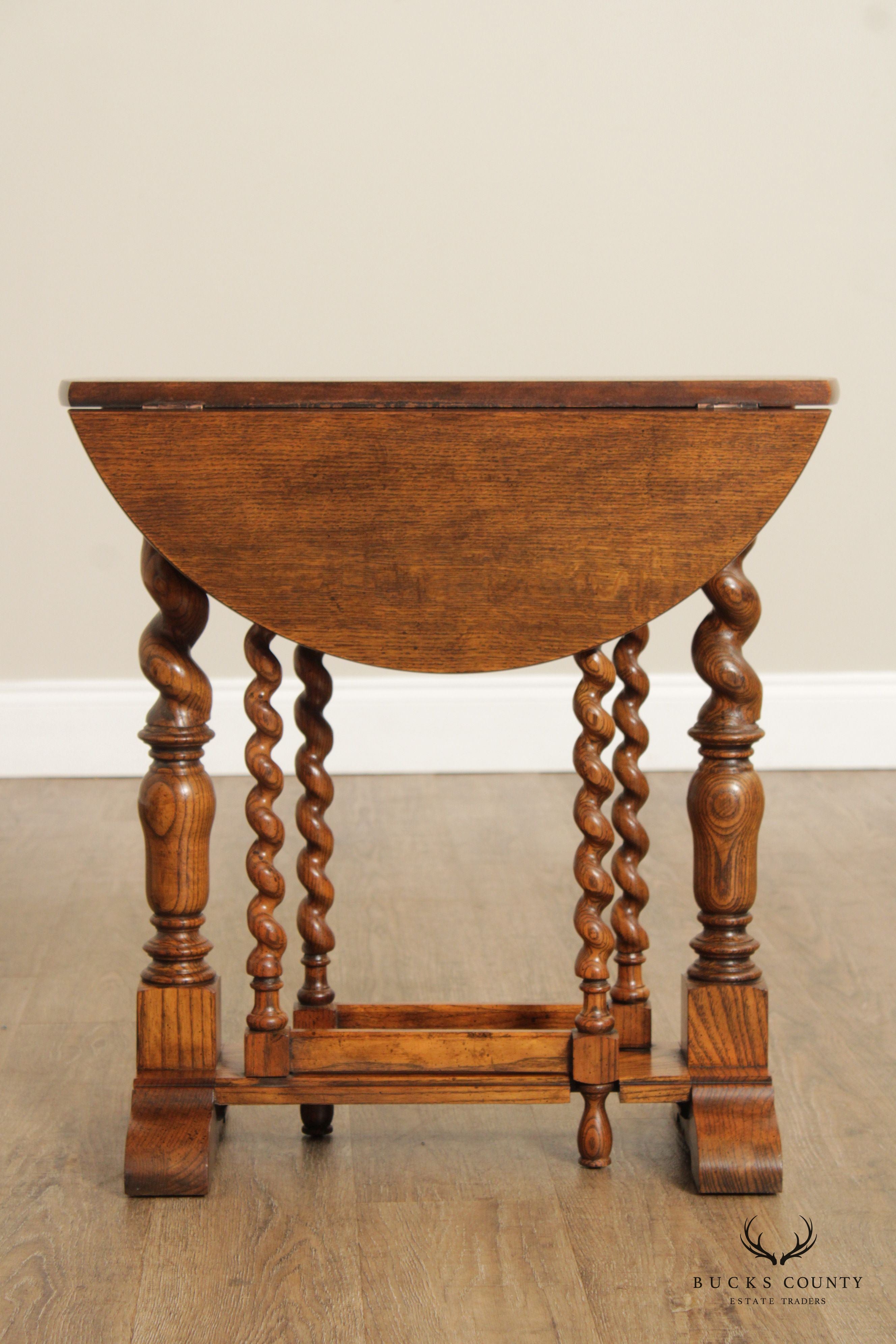 Baker Furniture Jacobean Style Oak Barley Twist Drop Leaf Table