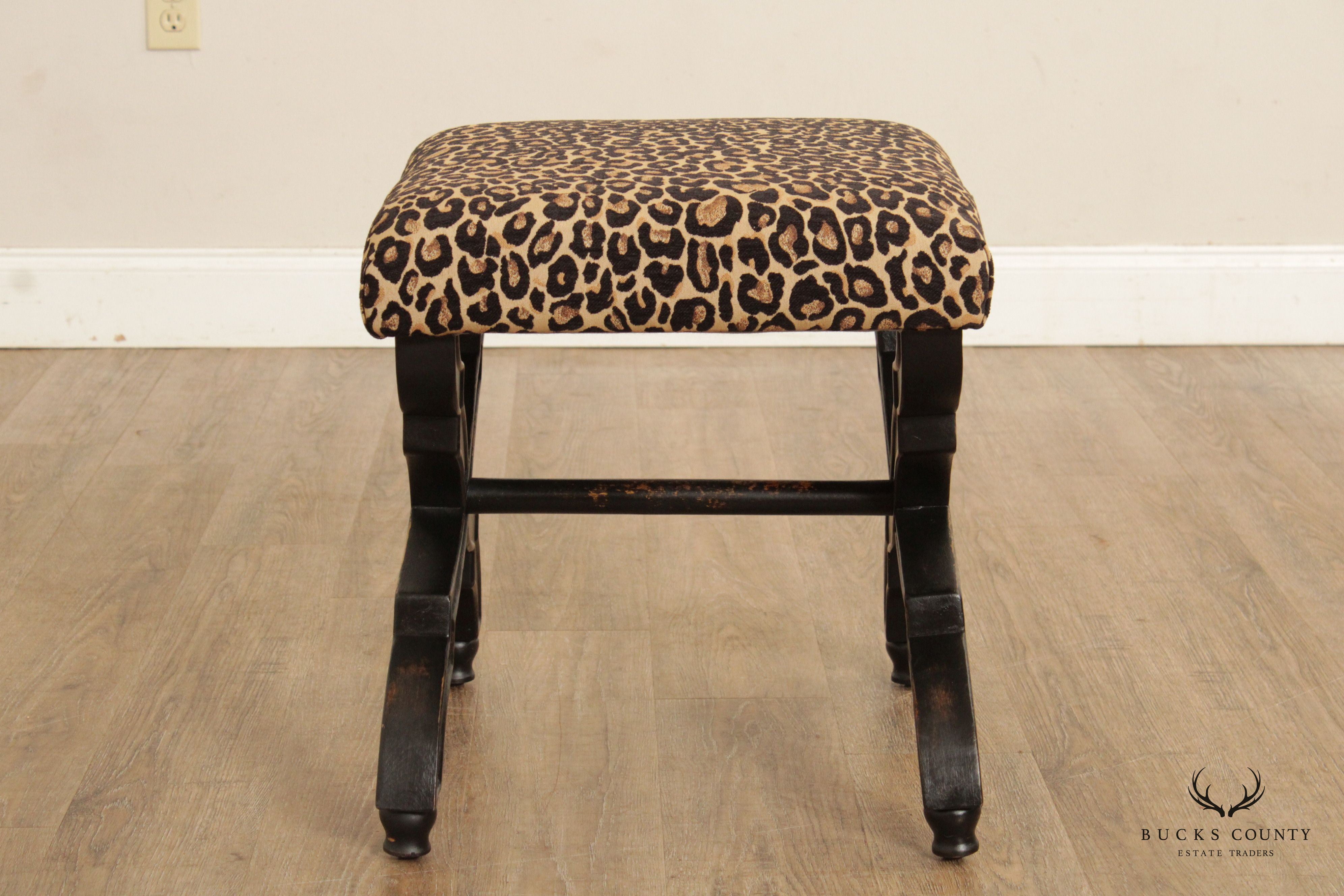 Regency Style Painted X-Frame Leopard Upholstered Ottoman Footstool