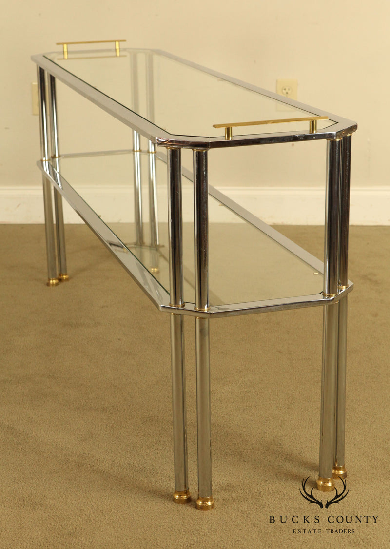 Quality 1980's Chrome Brass and Glass 2 Tier Etagere Console Table