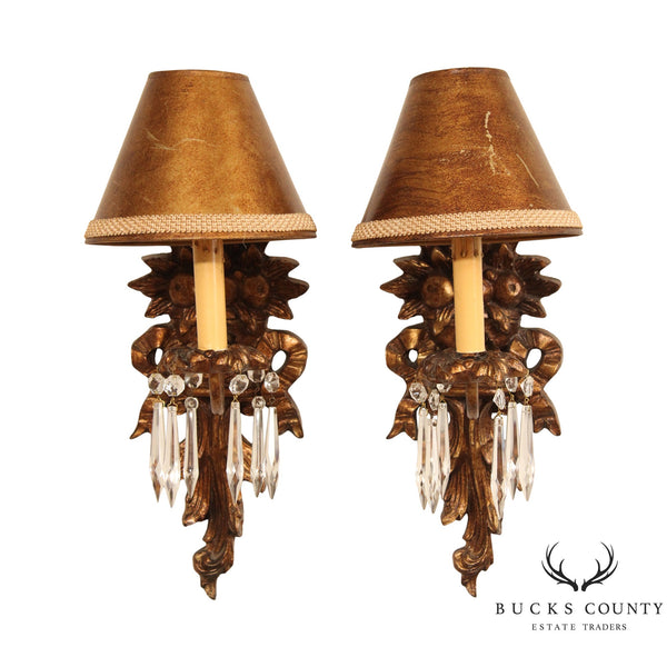 Italian Renaissance Style Pair of Carved Wall Sconces With Prisms