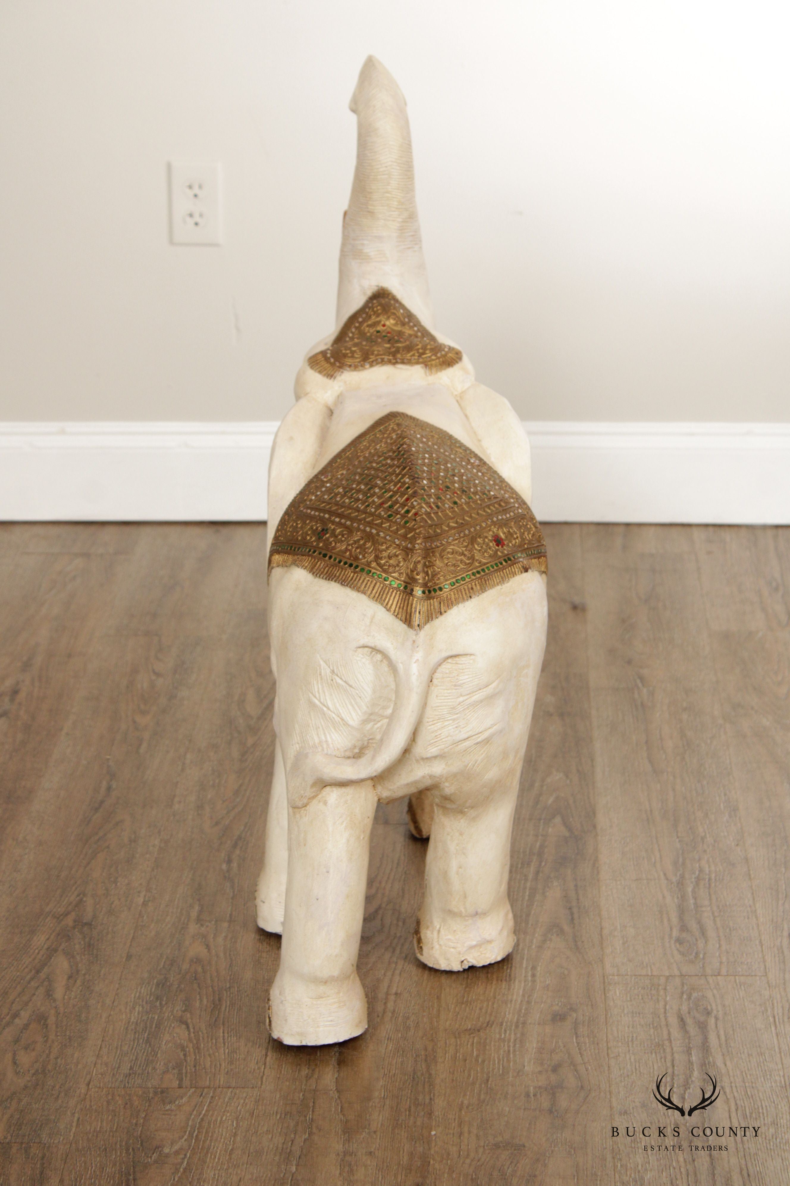 Vintage Carved Teak and Cast Plaster Elephant Statue