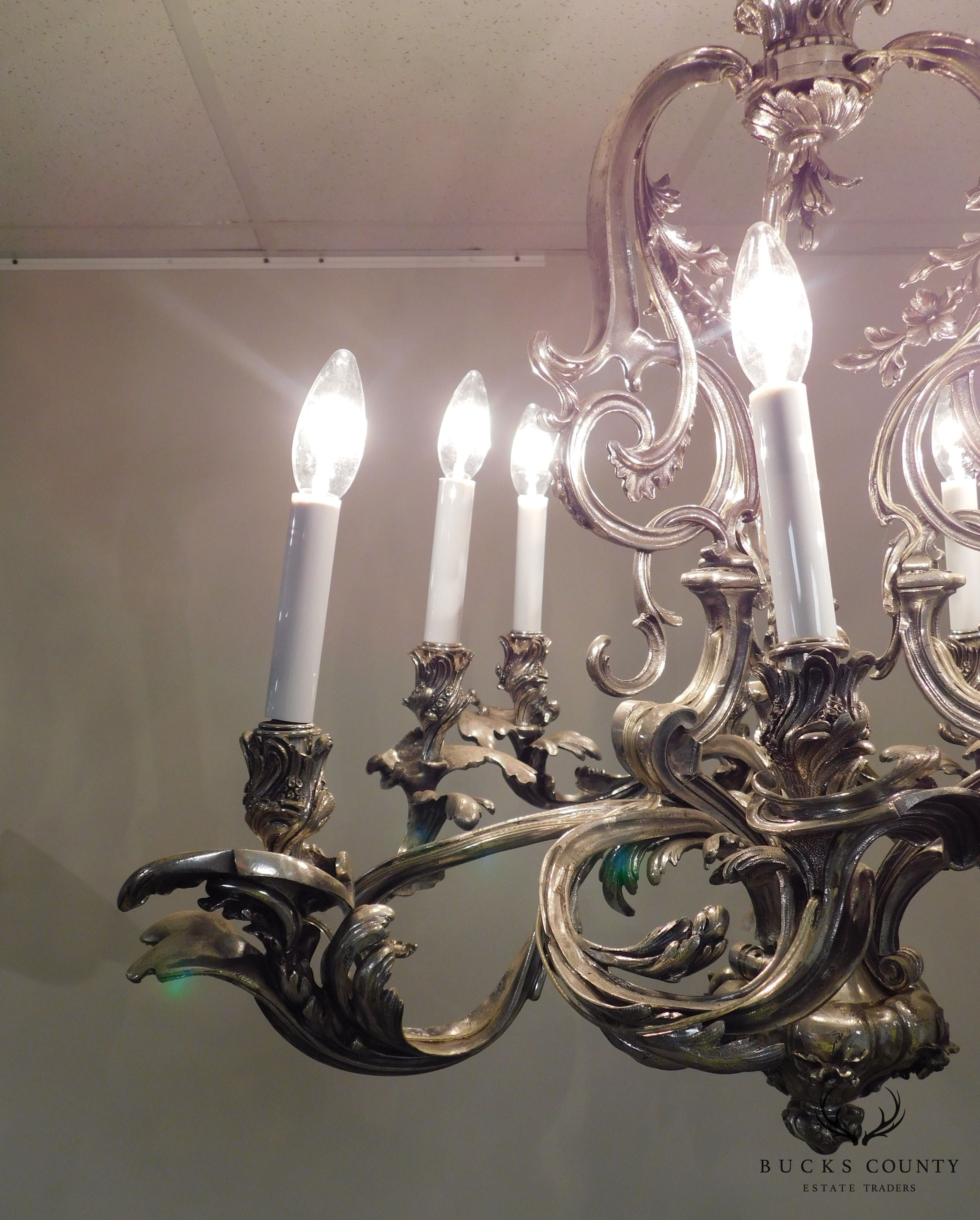 Ten Light Baroque Chandelier Antiqued Silver-Metal Foliate Design