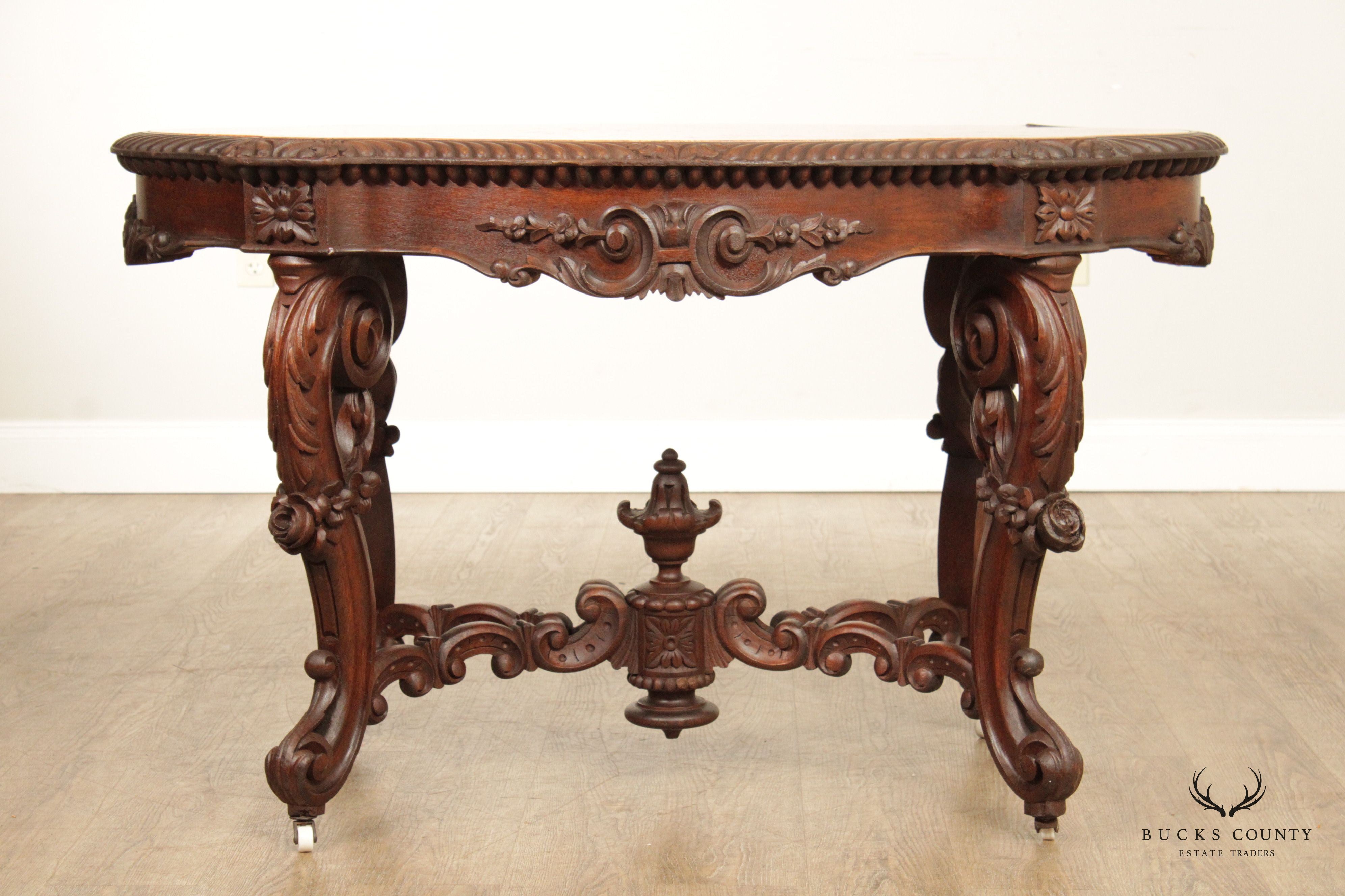 Antique Renaissance Revival Carved Mahogany Marble Turtle Top Center Table