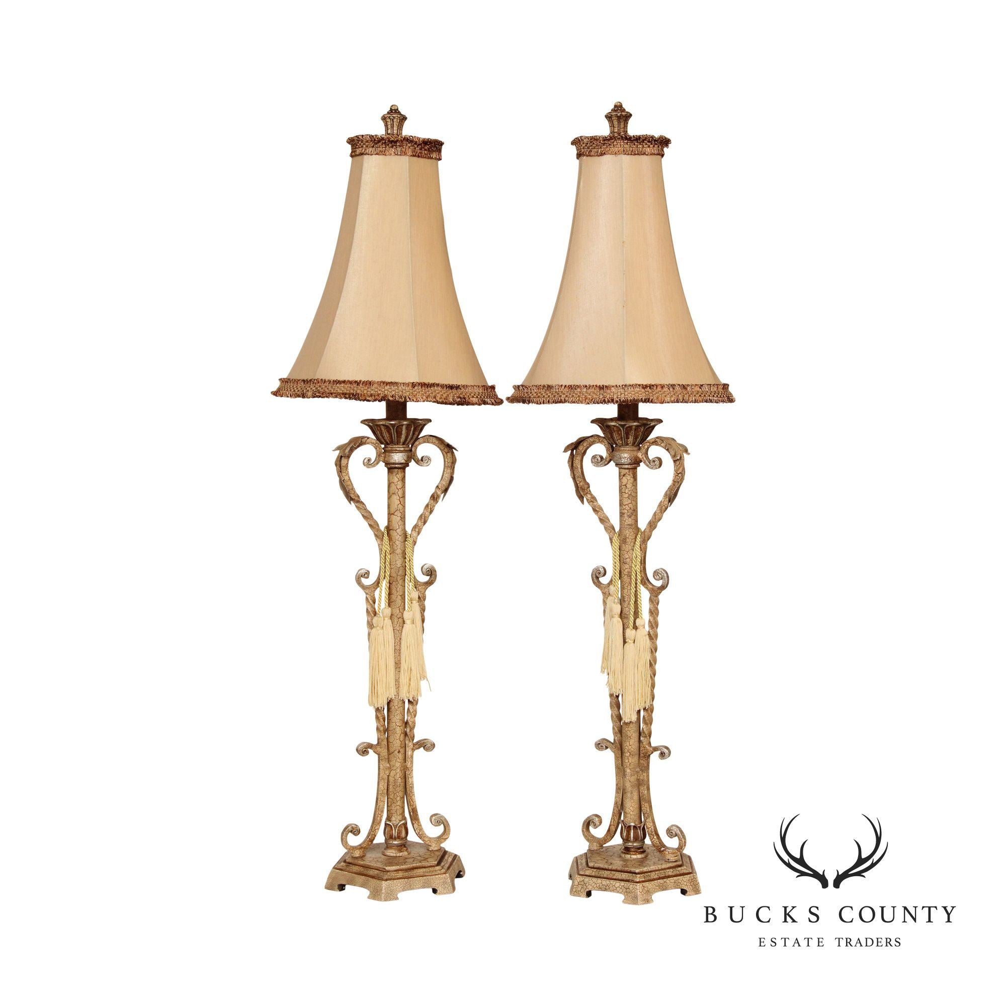 Distressed Painted Finish Pair Wrought Iron Table Lamps