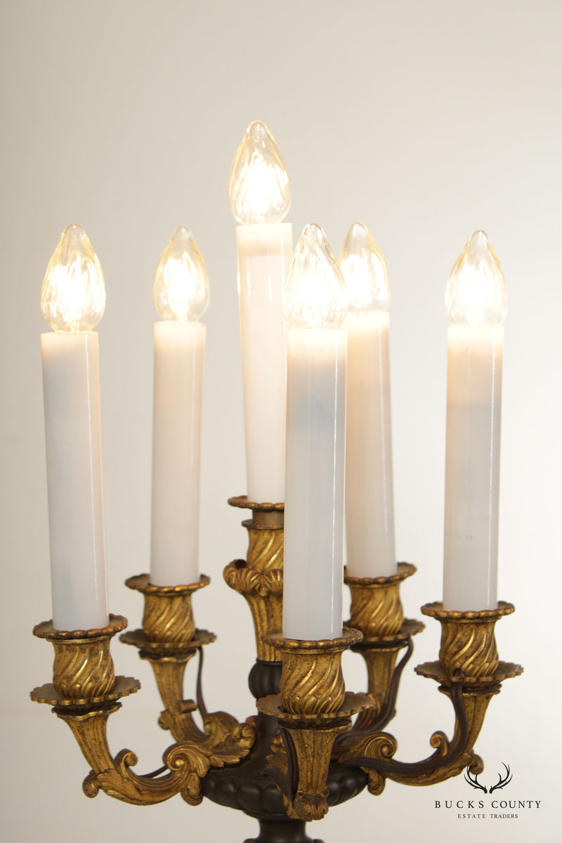 French Empire Style Pair of Gilt Bronze Candelabra 6-Light Lamps