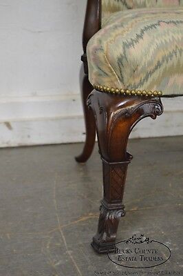 1940s Georgian Style Carved Mahogany Flame Stitch Library Arm Chair