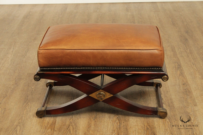 Regency Style Vintage X-Frame Leather Bench