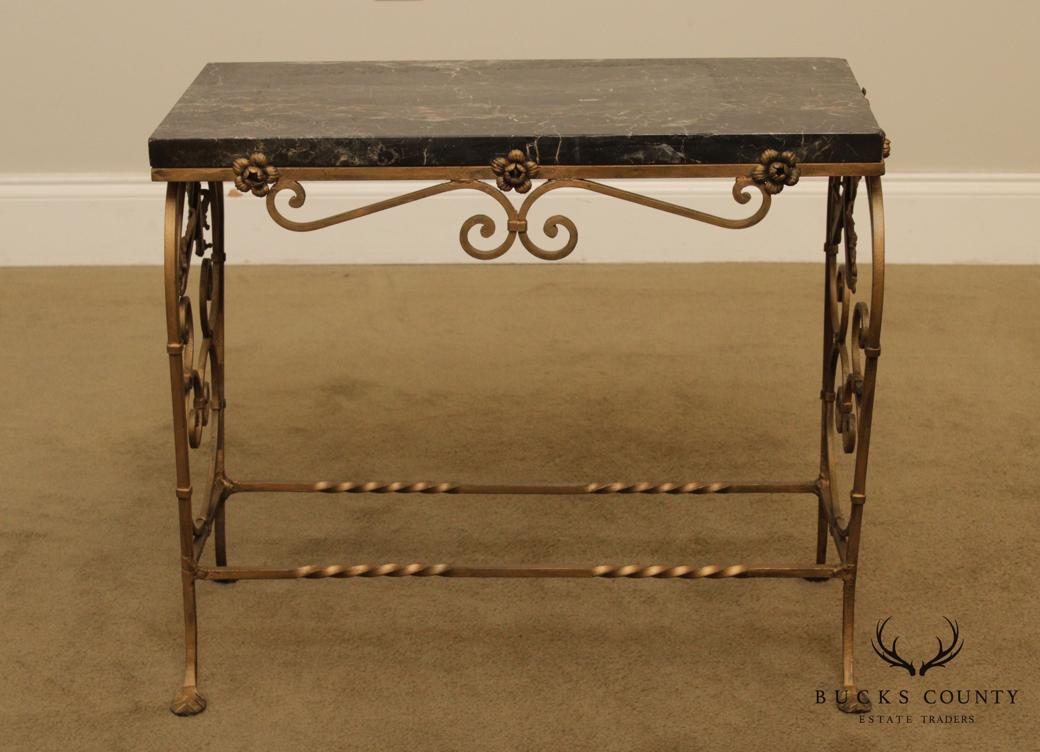 1920's Antique Art Deco Wrought Iron Base Marble Top Side Table