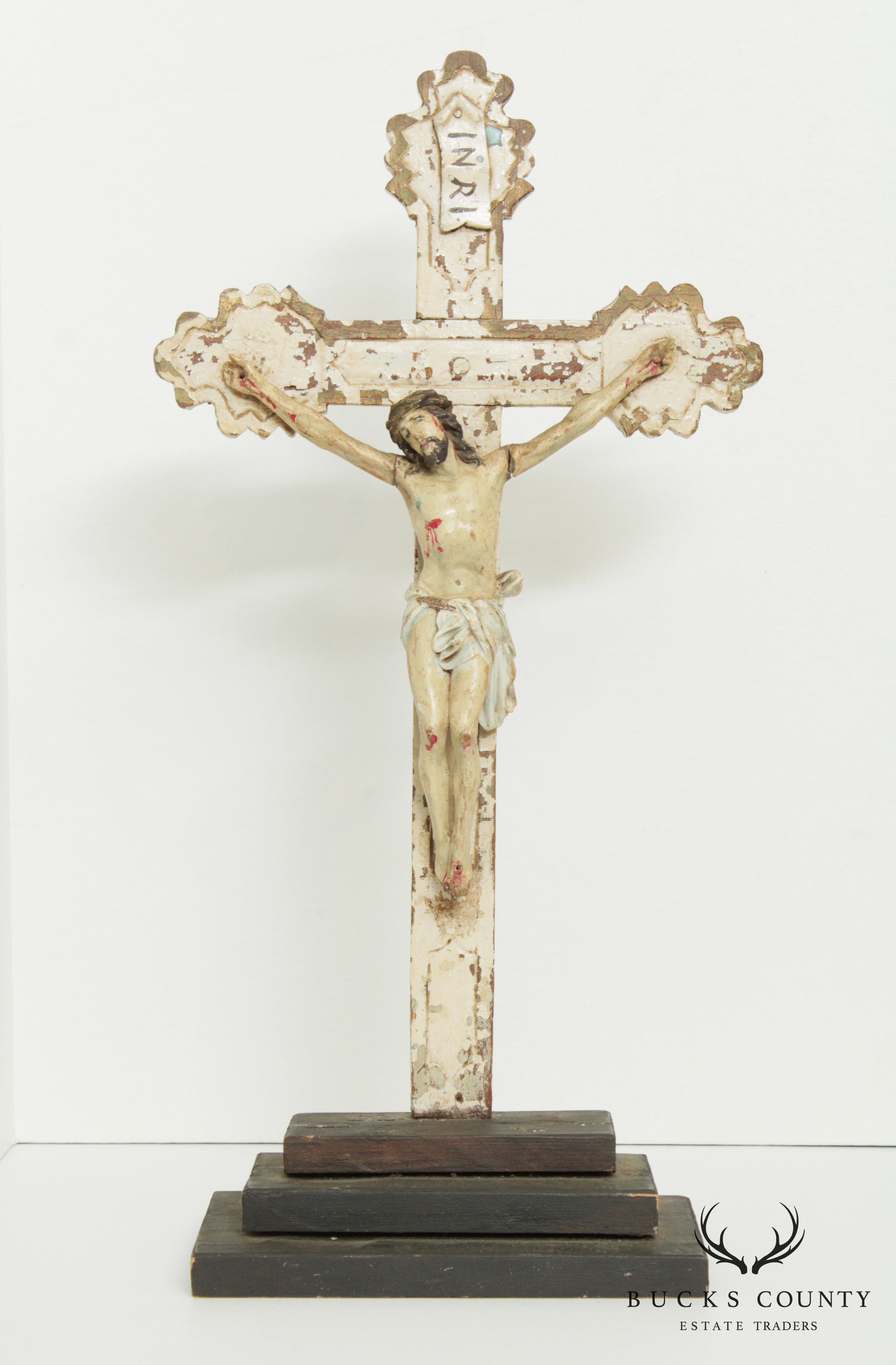 Antique 19th Century Hand Carved Polychrome, Painted Crucifix