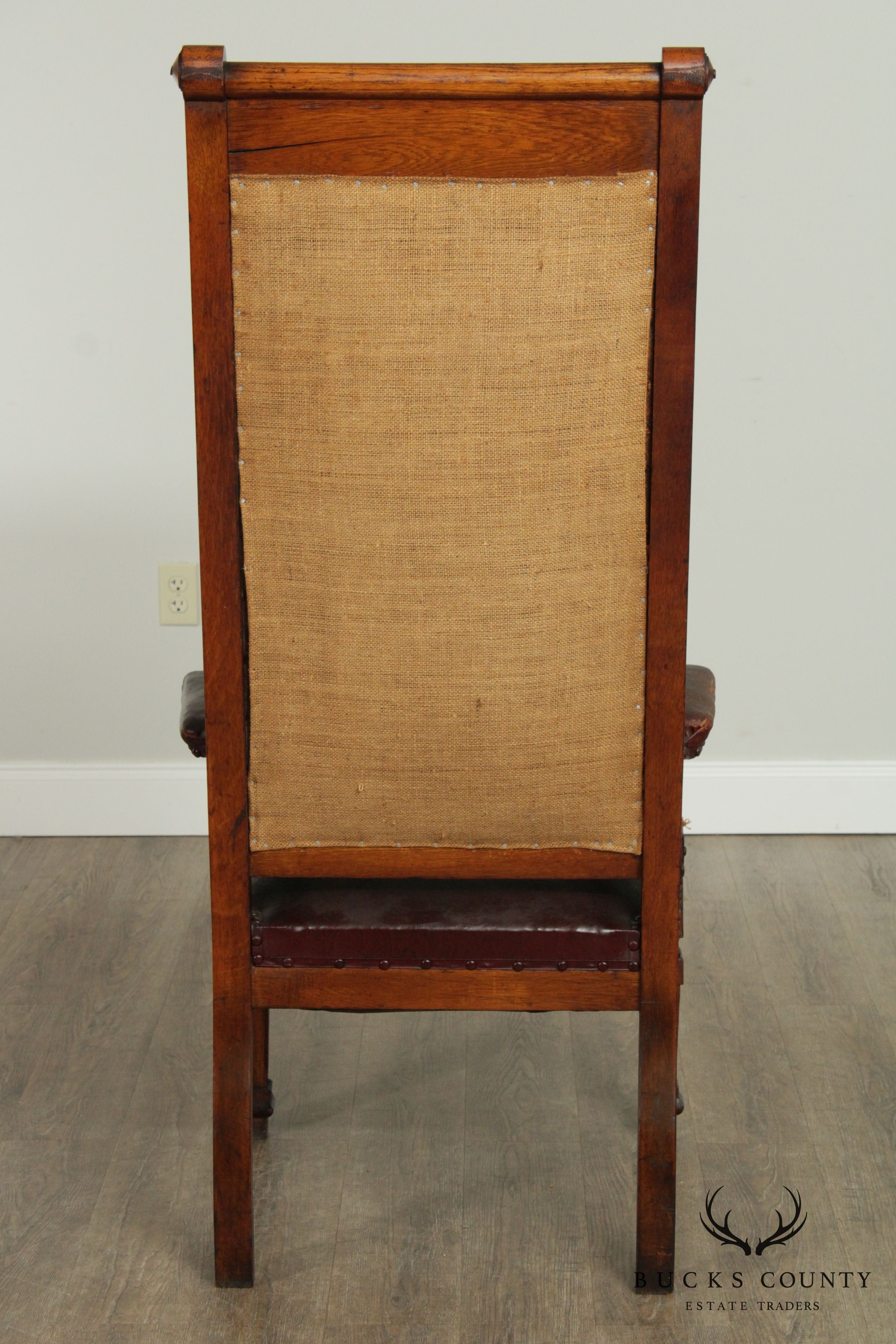 Antique Victorian Oak Pair High Back Masonic Armchairs