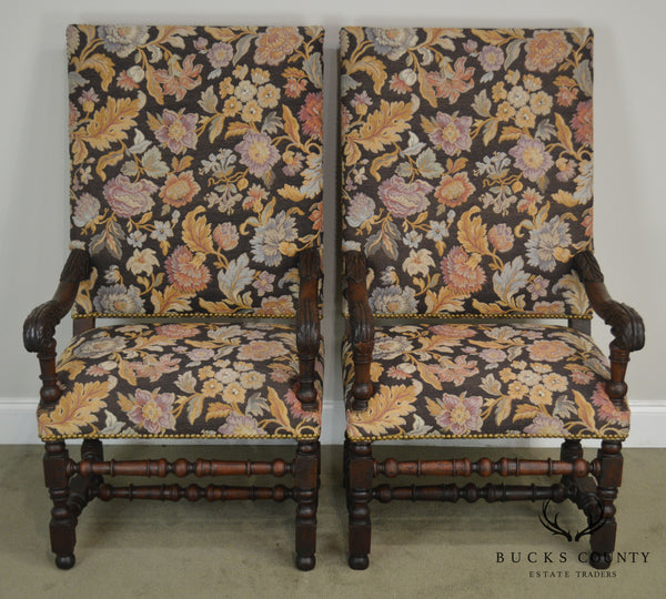 Antique 19th Century French Louis XIII Style Pair Walnut Throne Armchairs