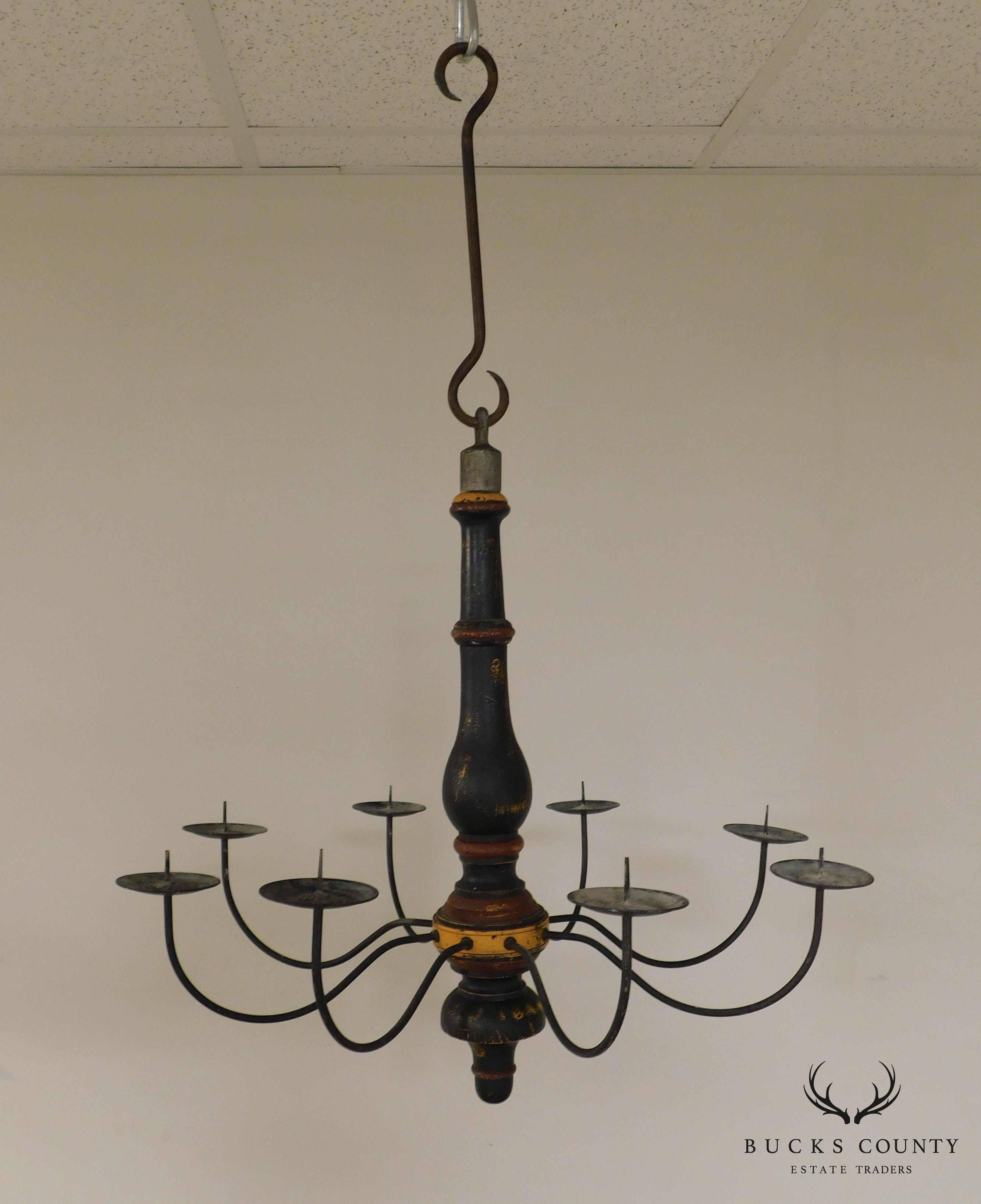 Custom Quality Folk Art 8 Light Turned Wood & Iron Chandelier