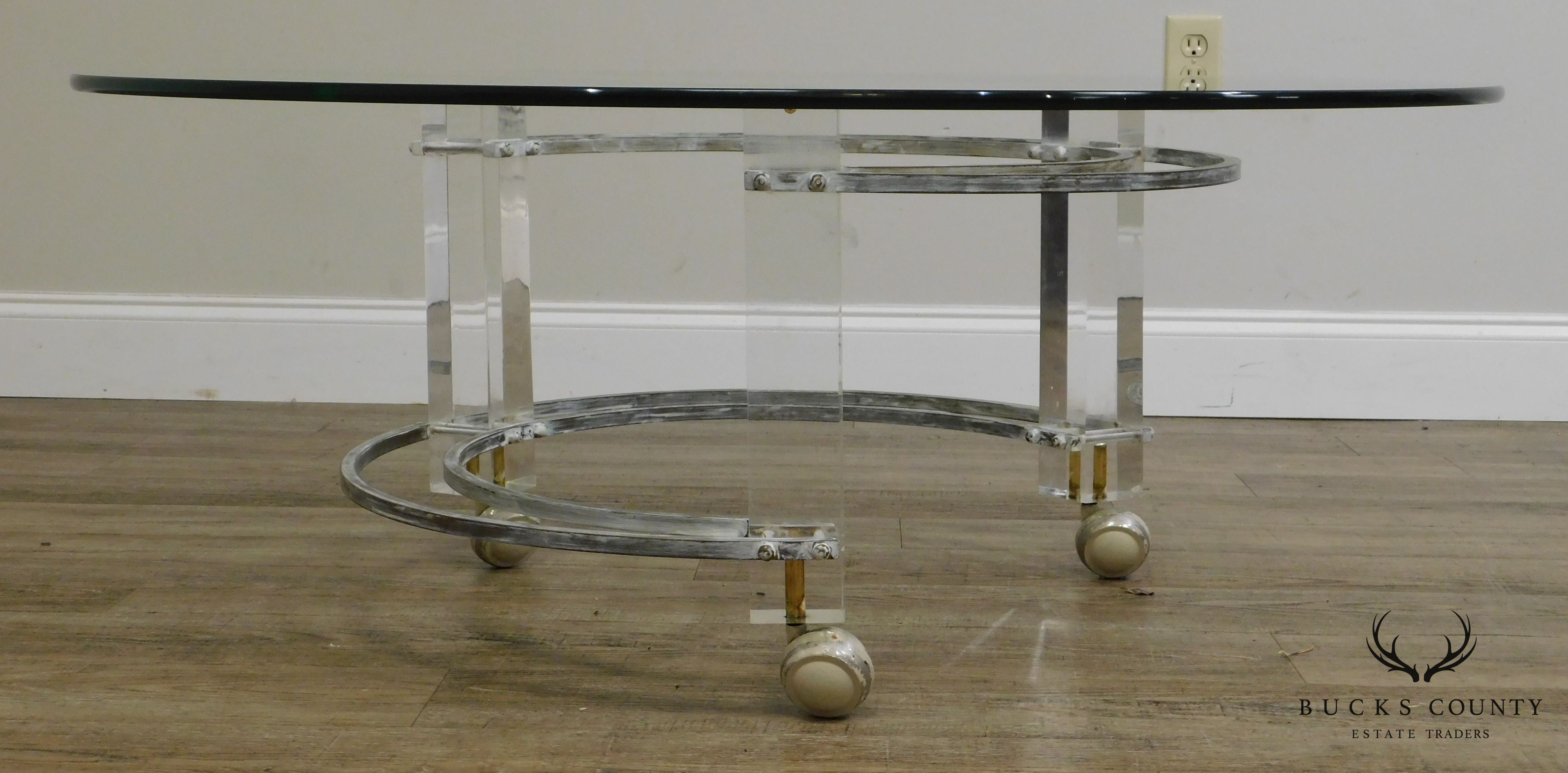 Charles Hollis Jones Mid Century Modern Brass & Lucite Round Glass Top Coffee Table