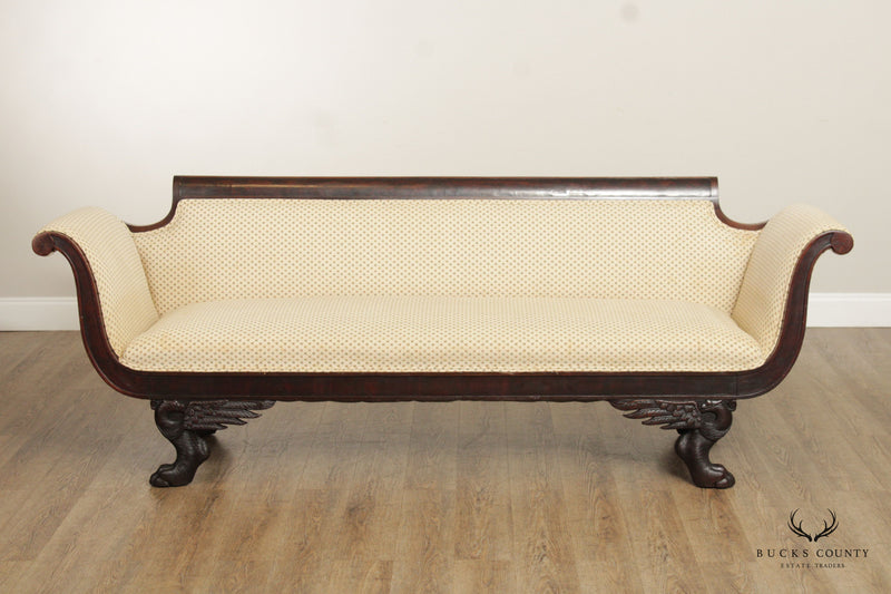 ANTIQUE AMERICAN CLASSICAL EMPIRE CARVED MAHOGANY CLAW FOOT SOFA