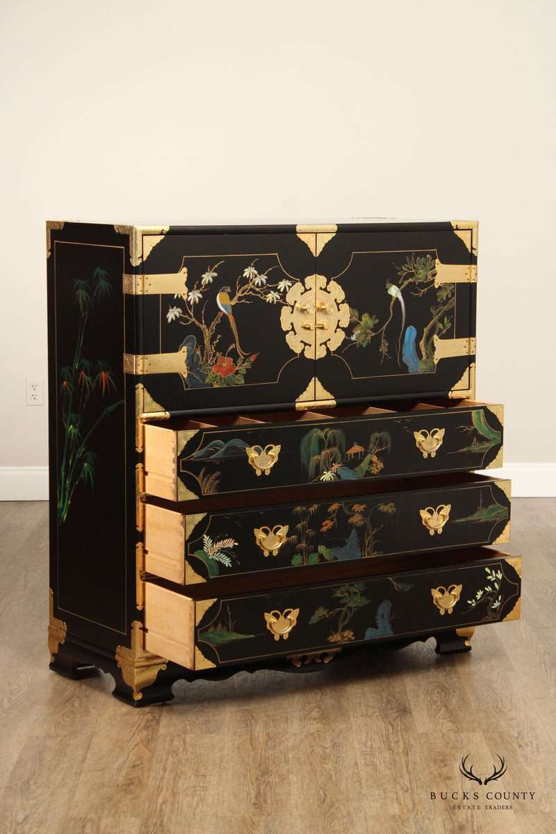 Chinoiserie Decorated Black Lacquer Chest of Drawers