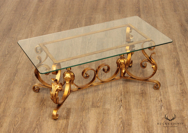 Rococo Style Gilt Wrought Iron Glass Top Coffee Table