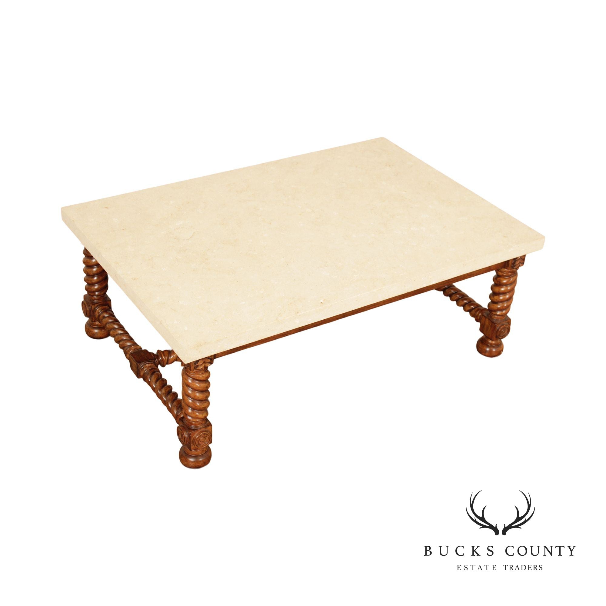 Jacobean Style Barley Twist Travertine Stone Top Coffee Table