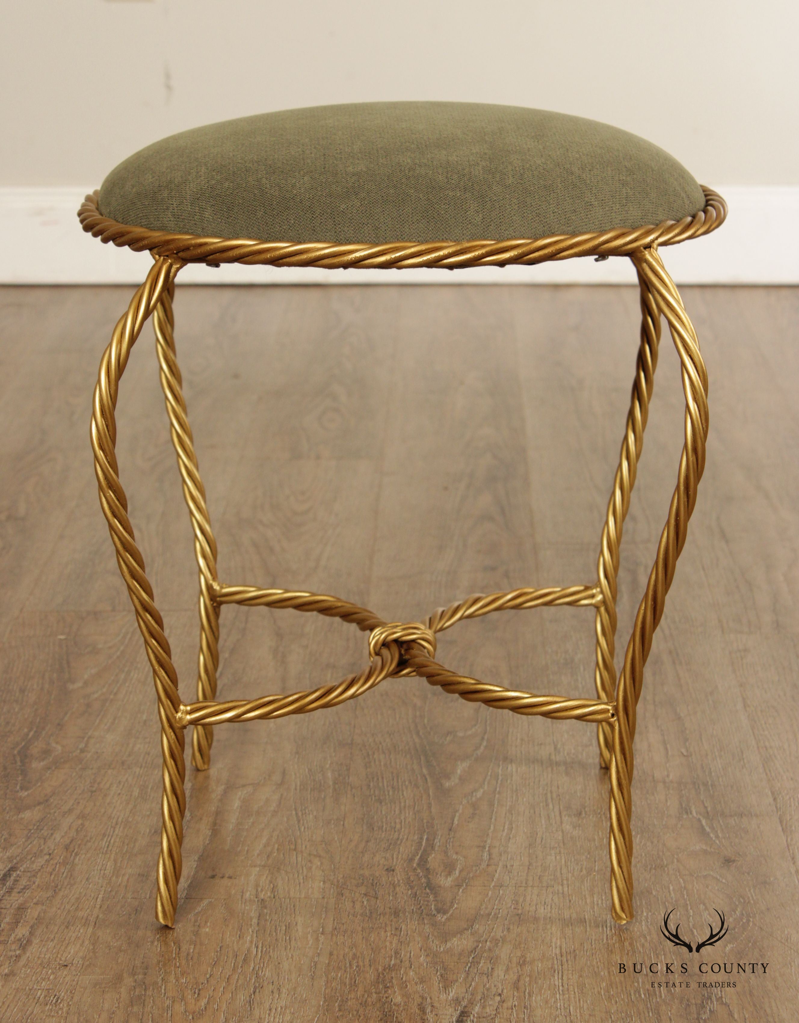 Italian Hollywood Regency Pair Gilt Rope Twist Stools