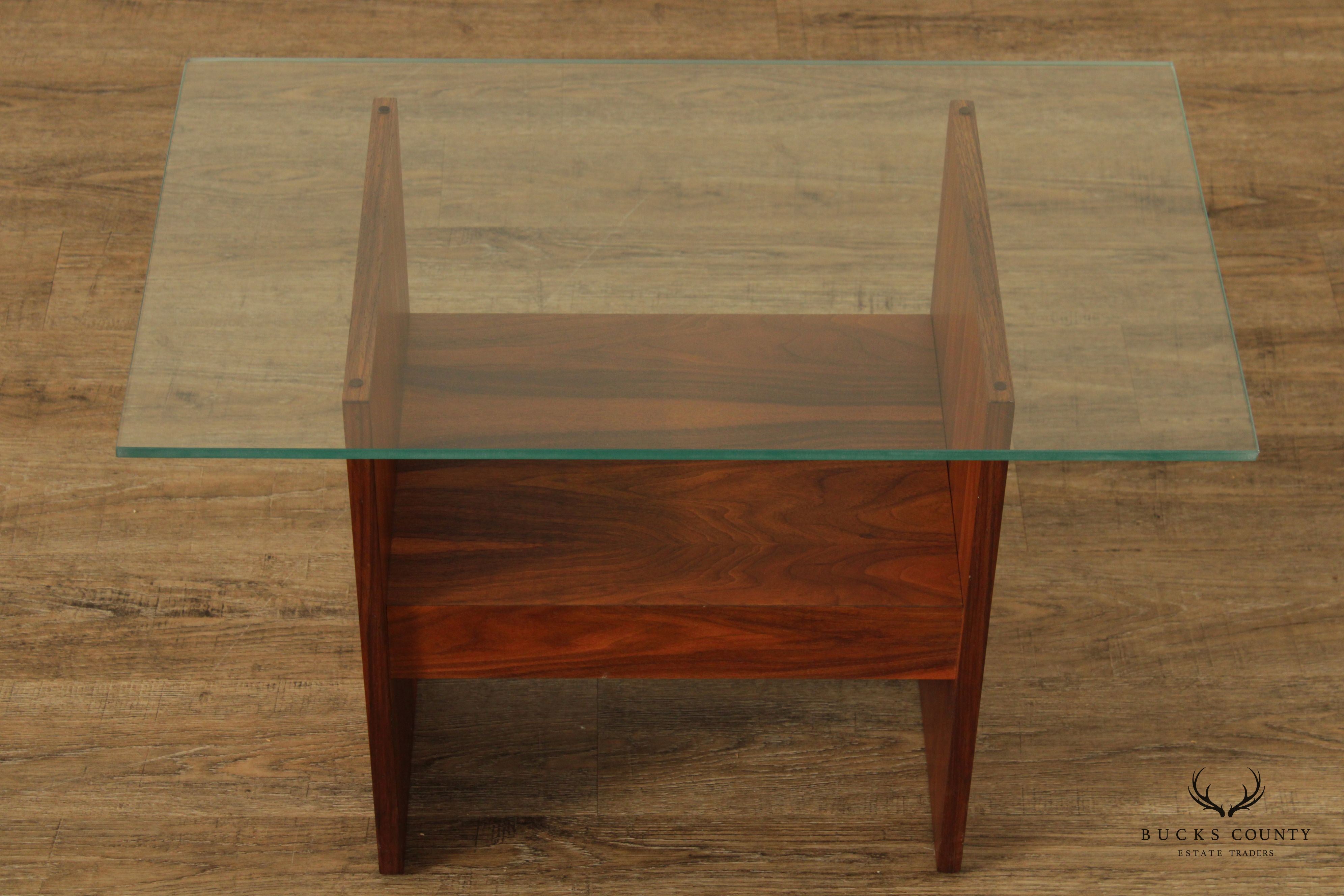 Mid Century Modern Walnut Glass Top Side Table