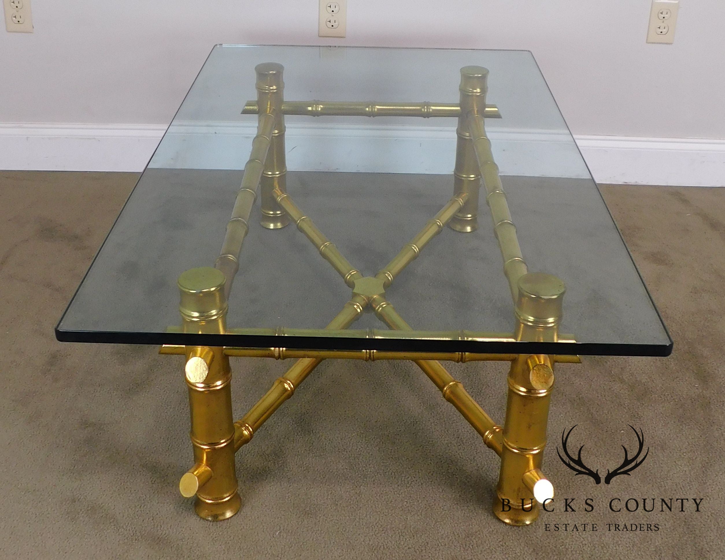 Hollywood Regency Faux Bamboo Gold Gilt Wood Glass Top Coffee Table