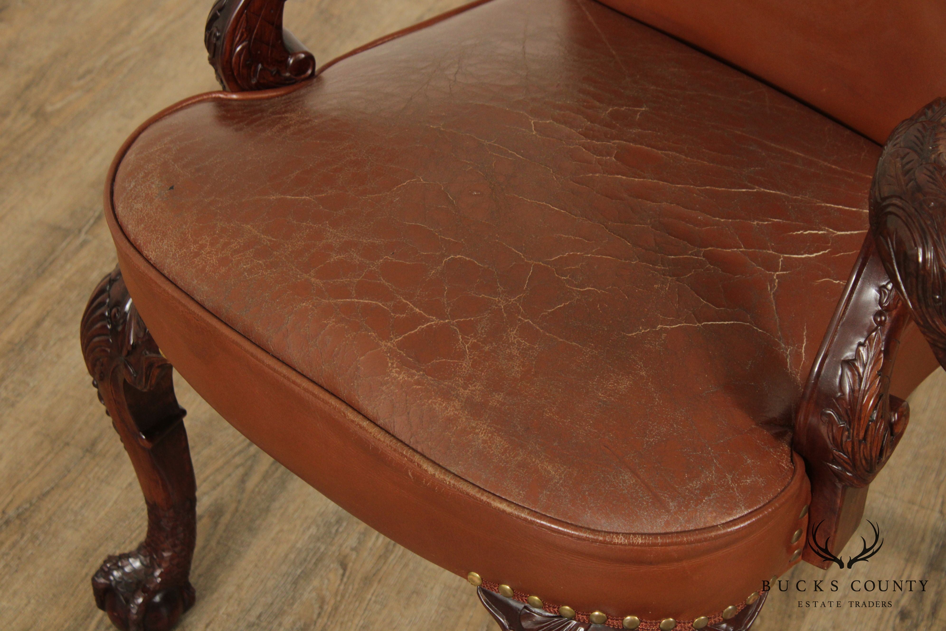 Georgian Chippendale Style Mahogany Eagle Carved Leather Armchair