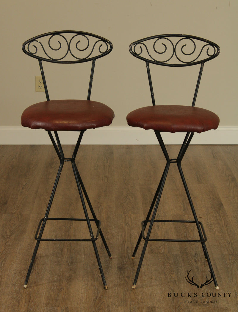 Mid Century Modern Pair Wrought Iron Barstools