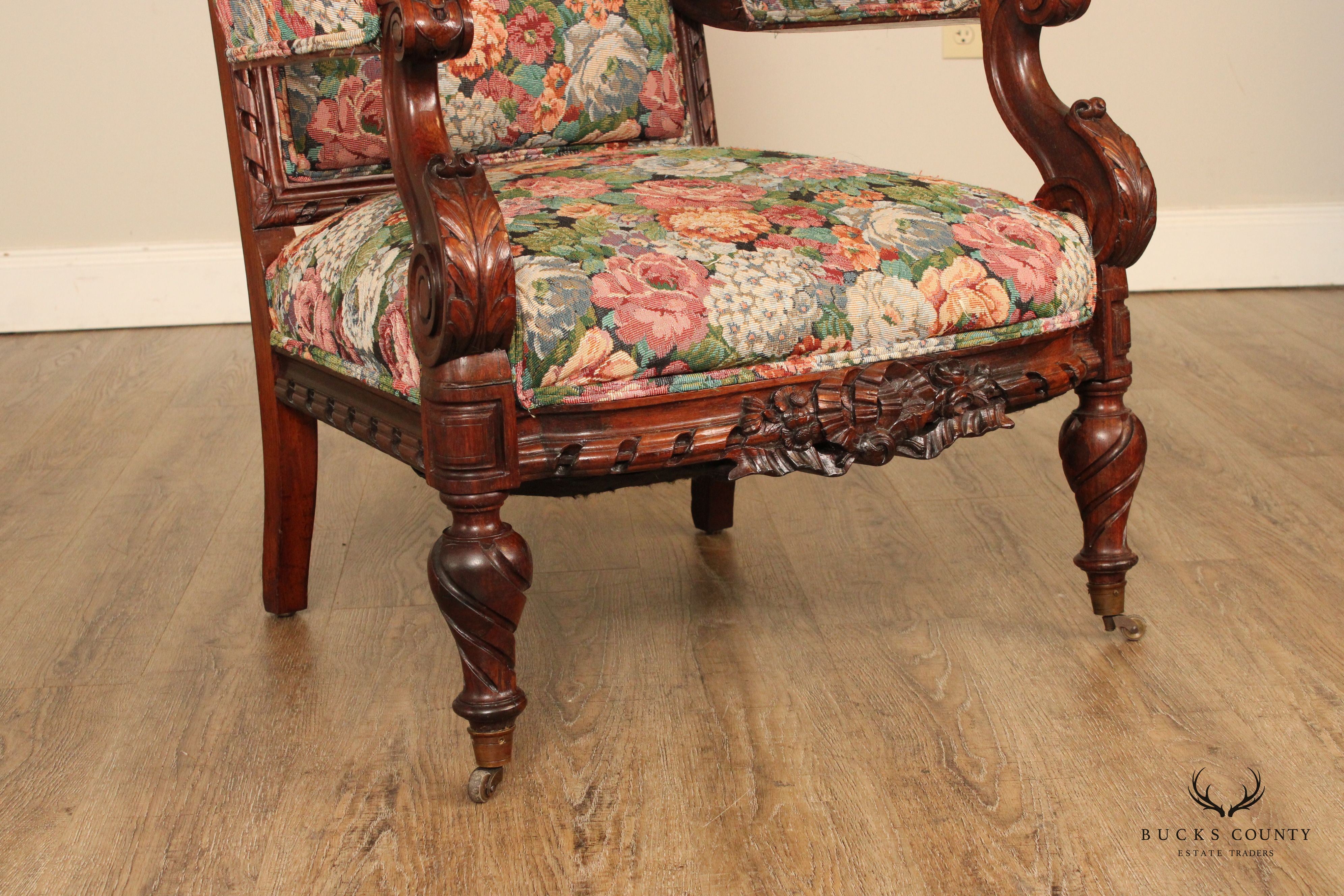 Antique Renaissance Revival Rosewood Carved Library Armchair