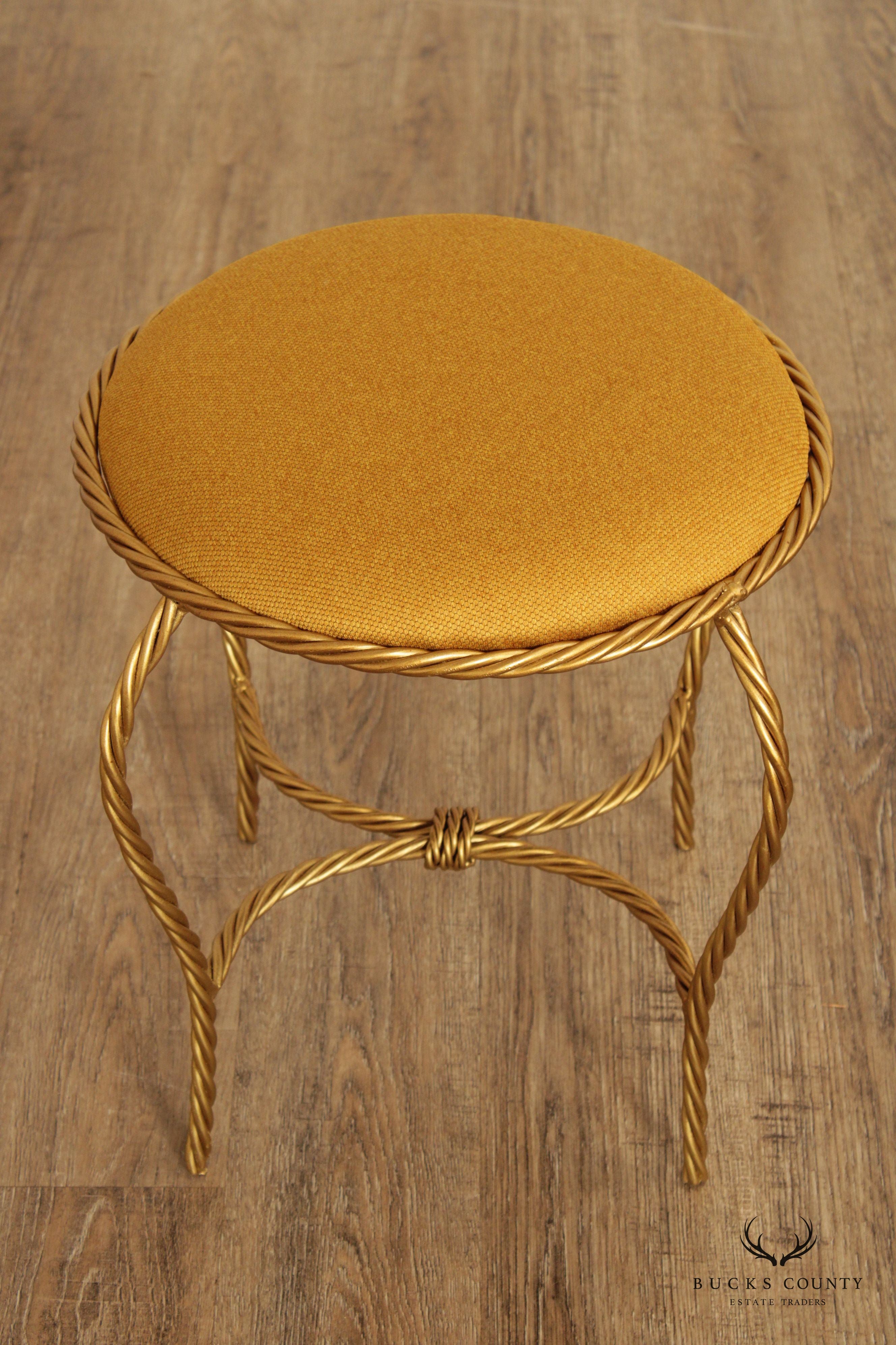 Hollywood Regency Pair of Gilt Metal Rope Twist Stools