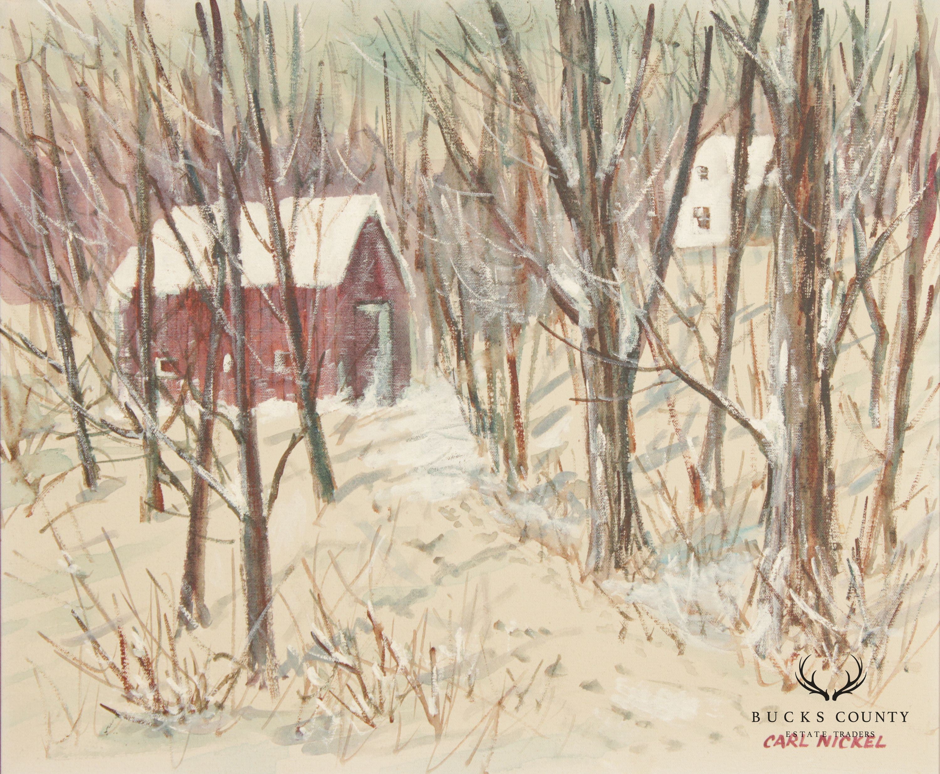 Carl Nickel Red Barn in Winter Landscape Oil Painting, Custom Framed