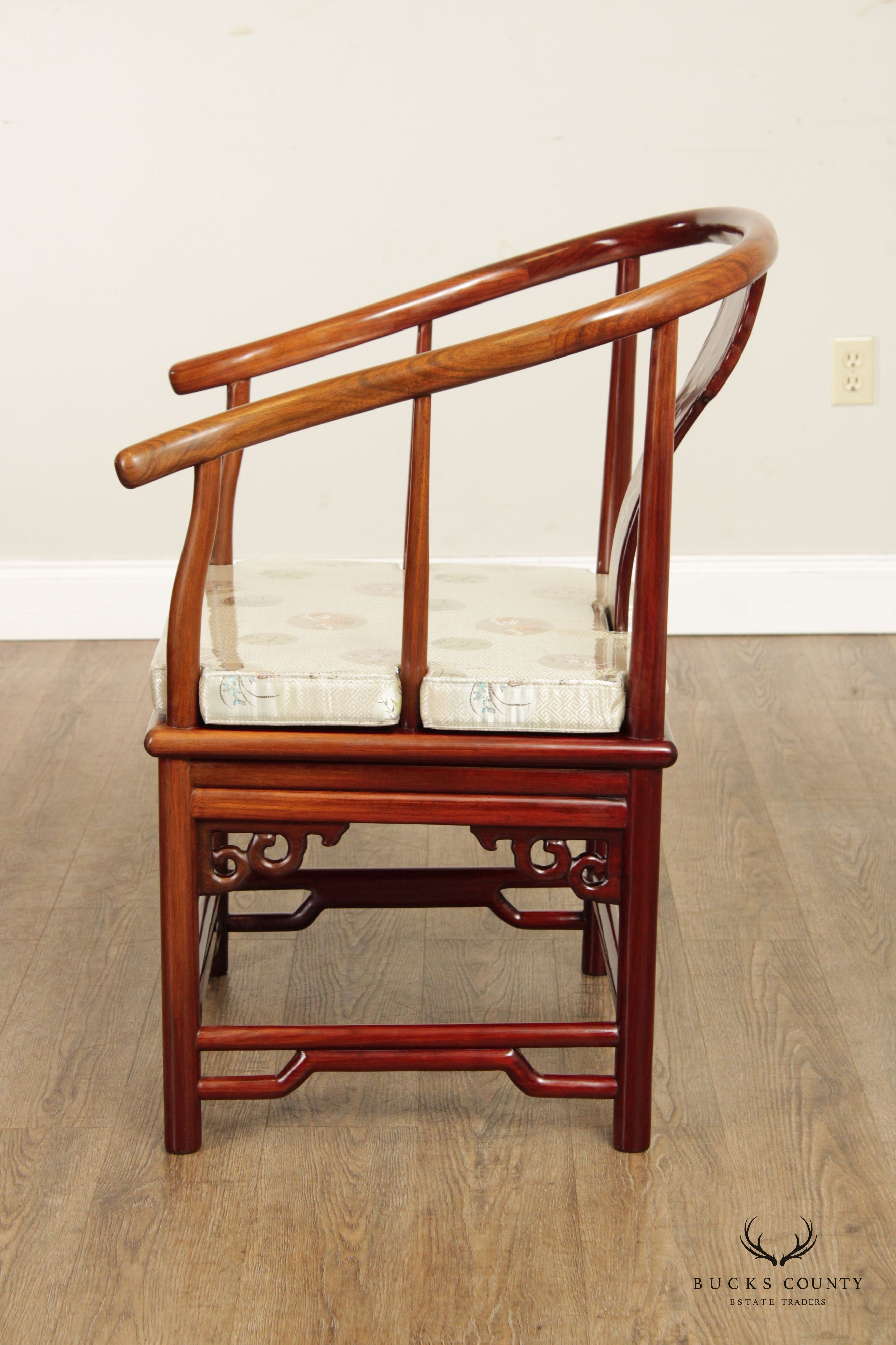 Chinese Pair Rosewood and Mother of Pearl Inlaid Horseshoe Armchairs