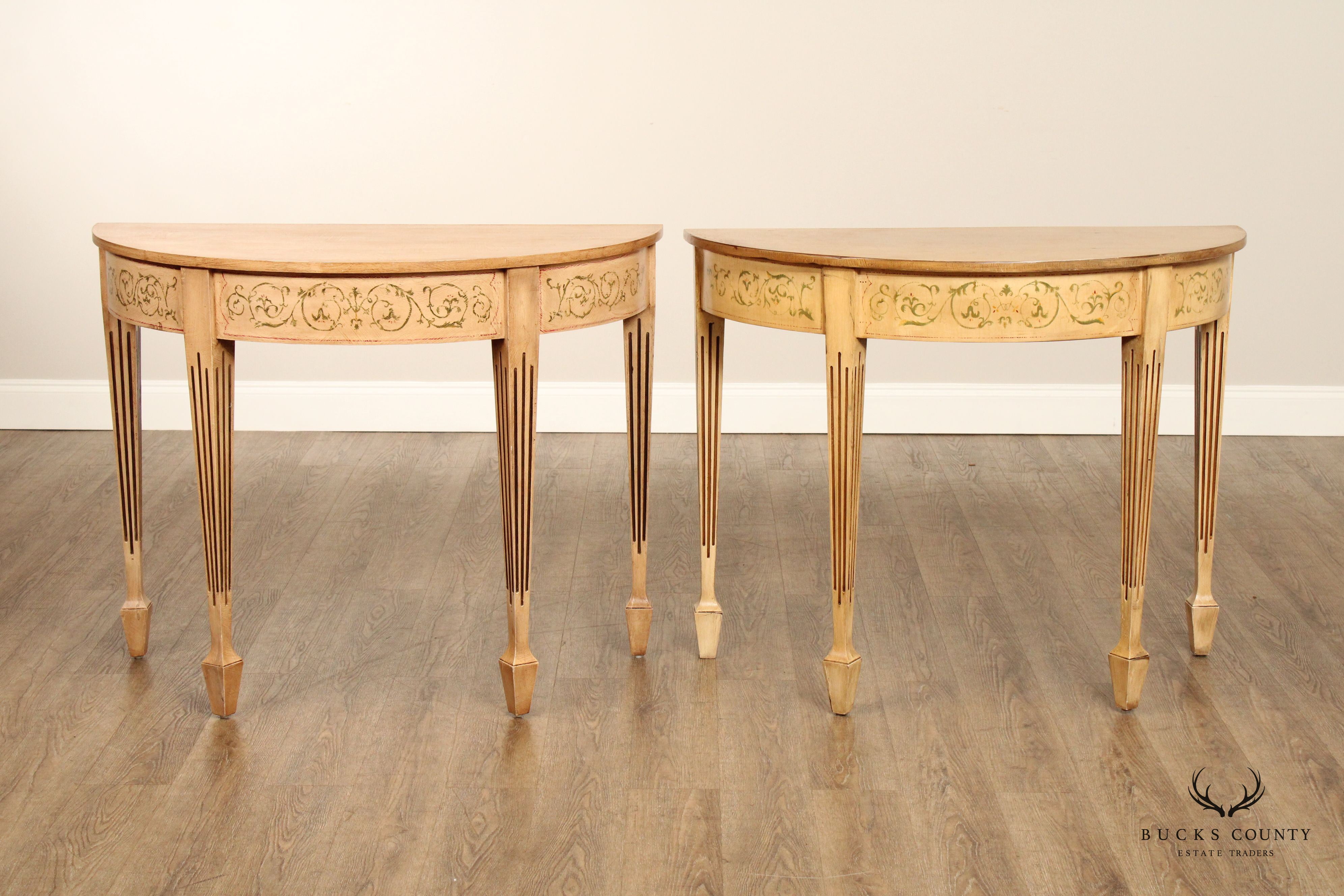 Adam Style Pair of Paint Decorated Demilune Console Tables