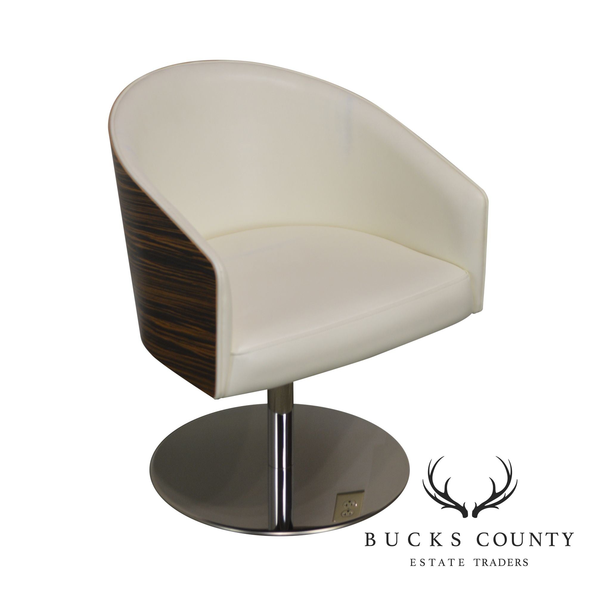 White Leather & Zebra Wood Barrel Back Chrome Pedestal Swivel Lounge Chair