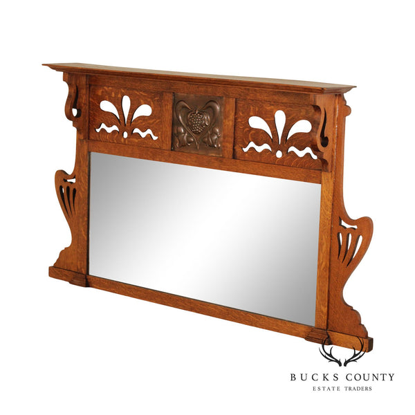 English Arts & Crafts Antique Oak Carved Mantel Mirror