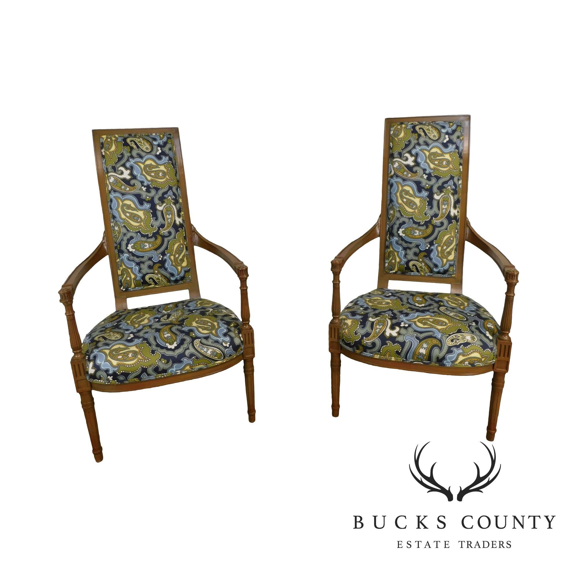 Louis XVI Style Mid Century Custom Pair High Back Armchairs