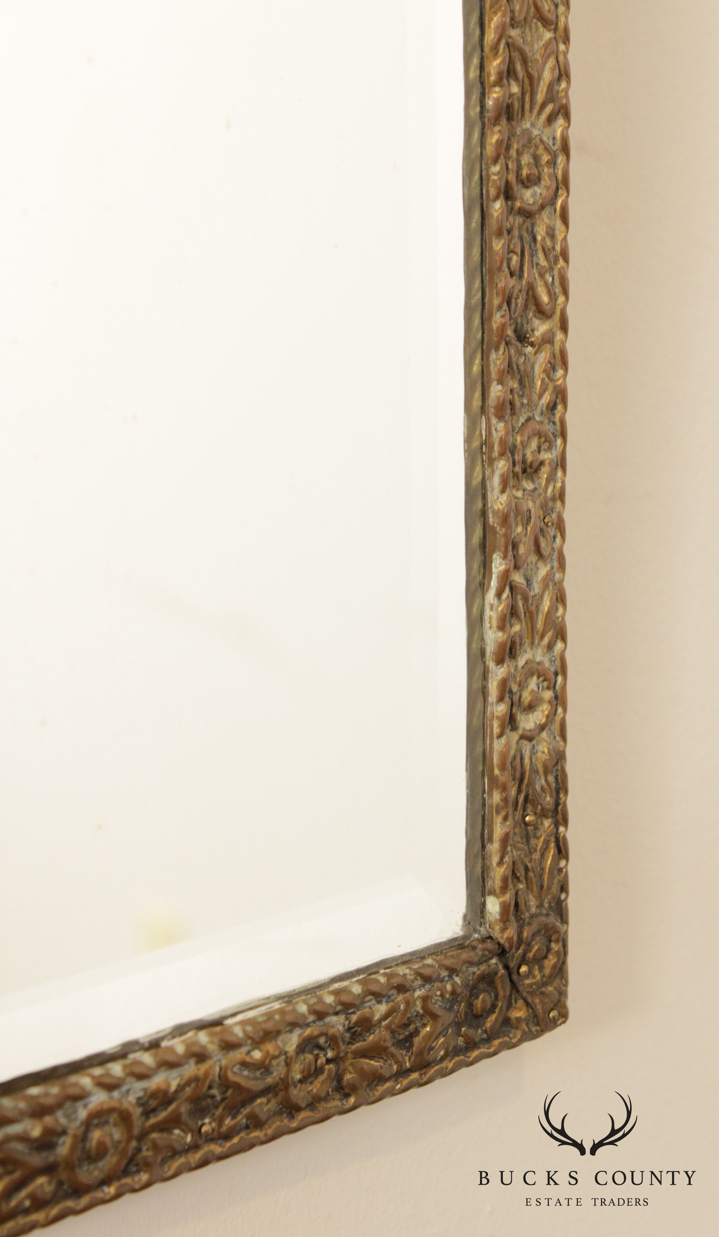 Antique French Repousse Brass Beveled Mirror