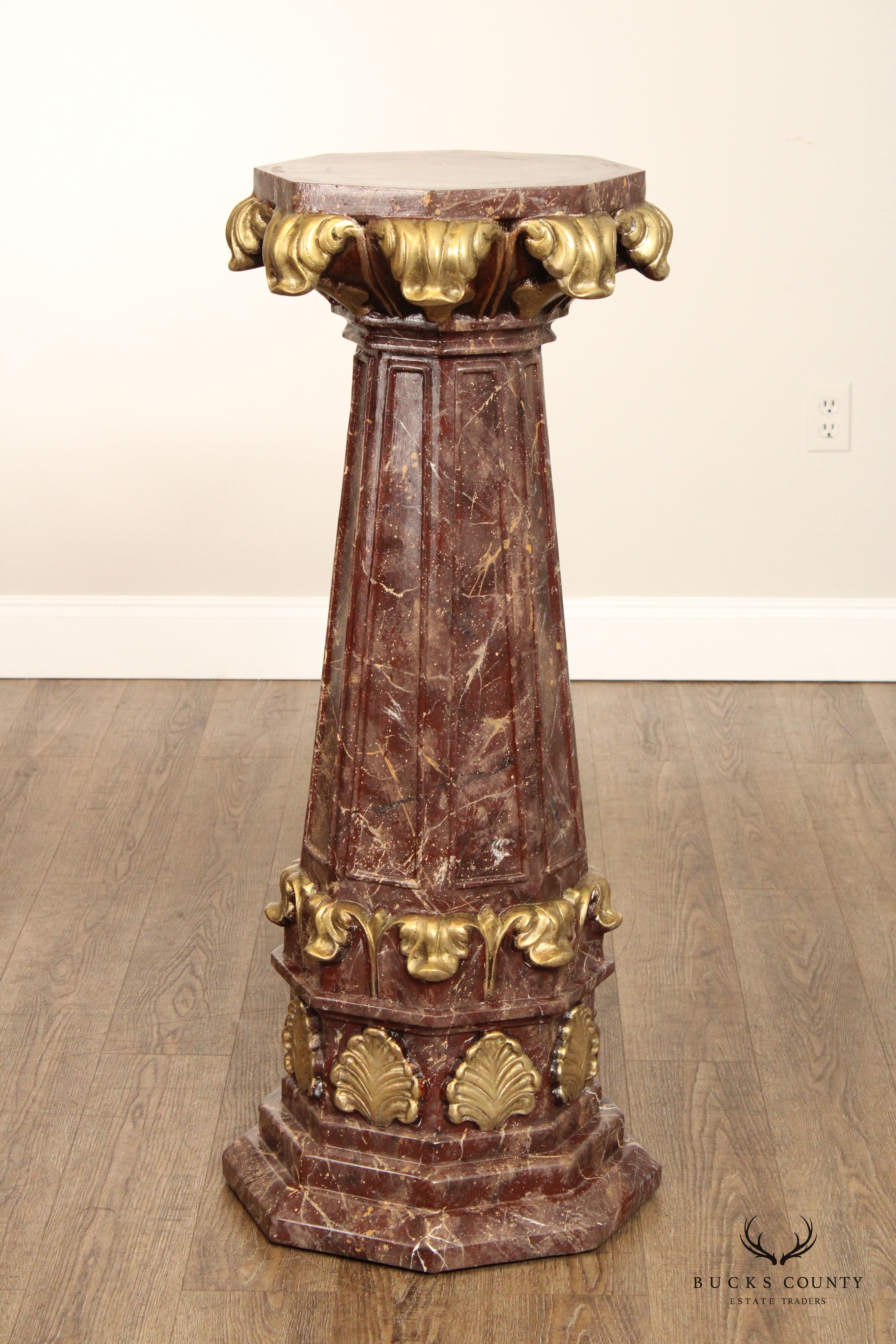 Neoclassical Style Partial Gilt Faux Marble Painted Pair of Column Pedestals