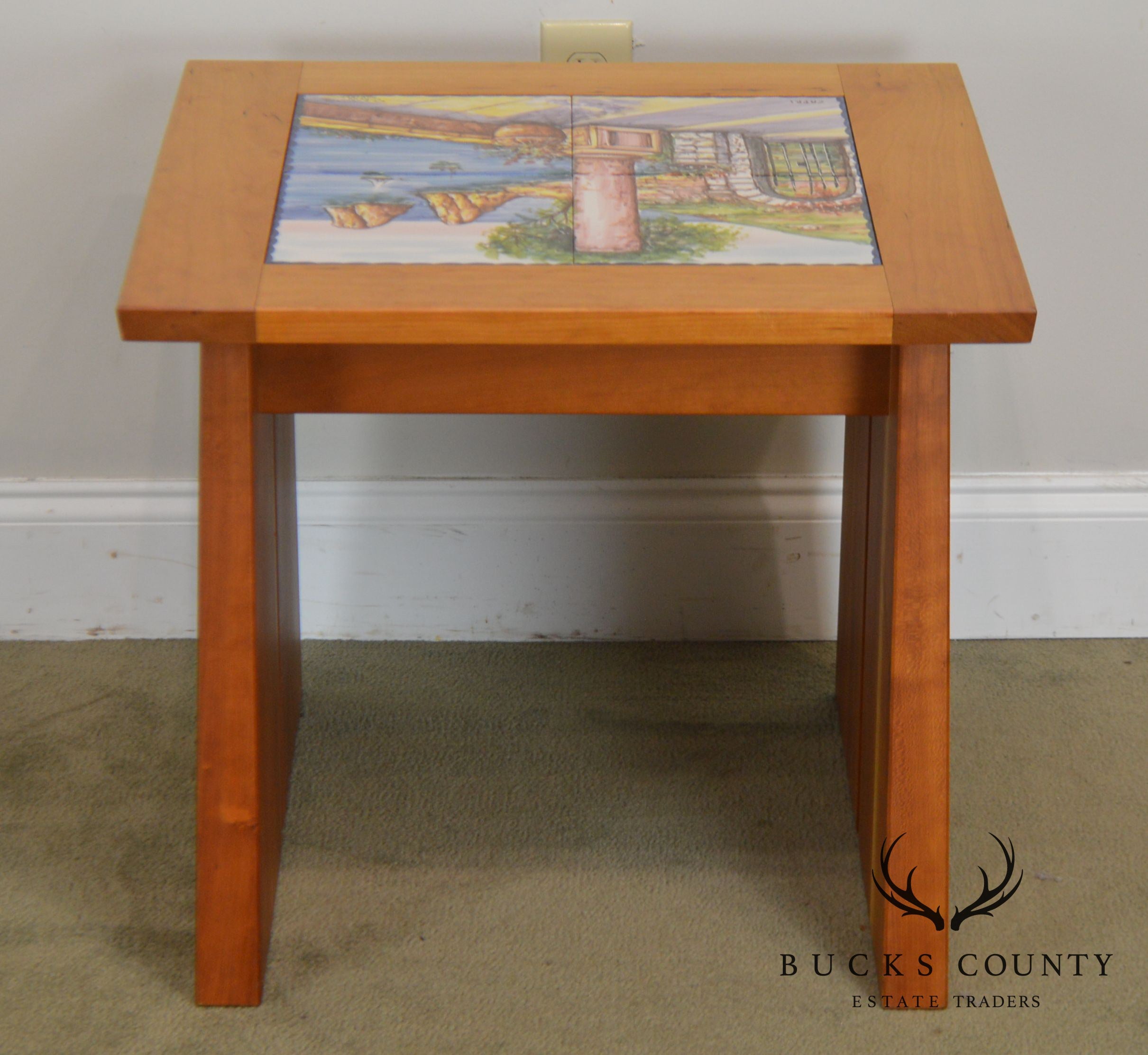 Studio Crafted Solid Cherry Square Side Tables W/ Hand Painted Italian Capri Tiles