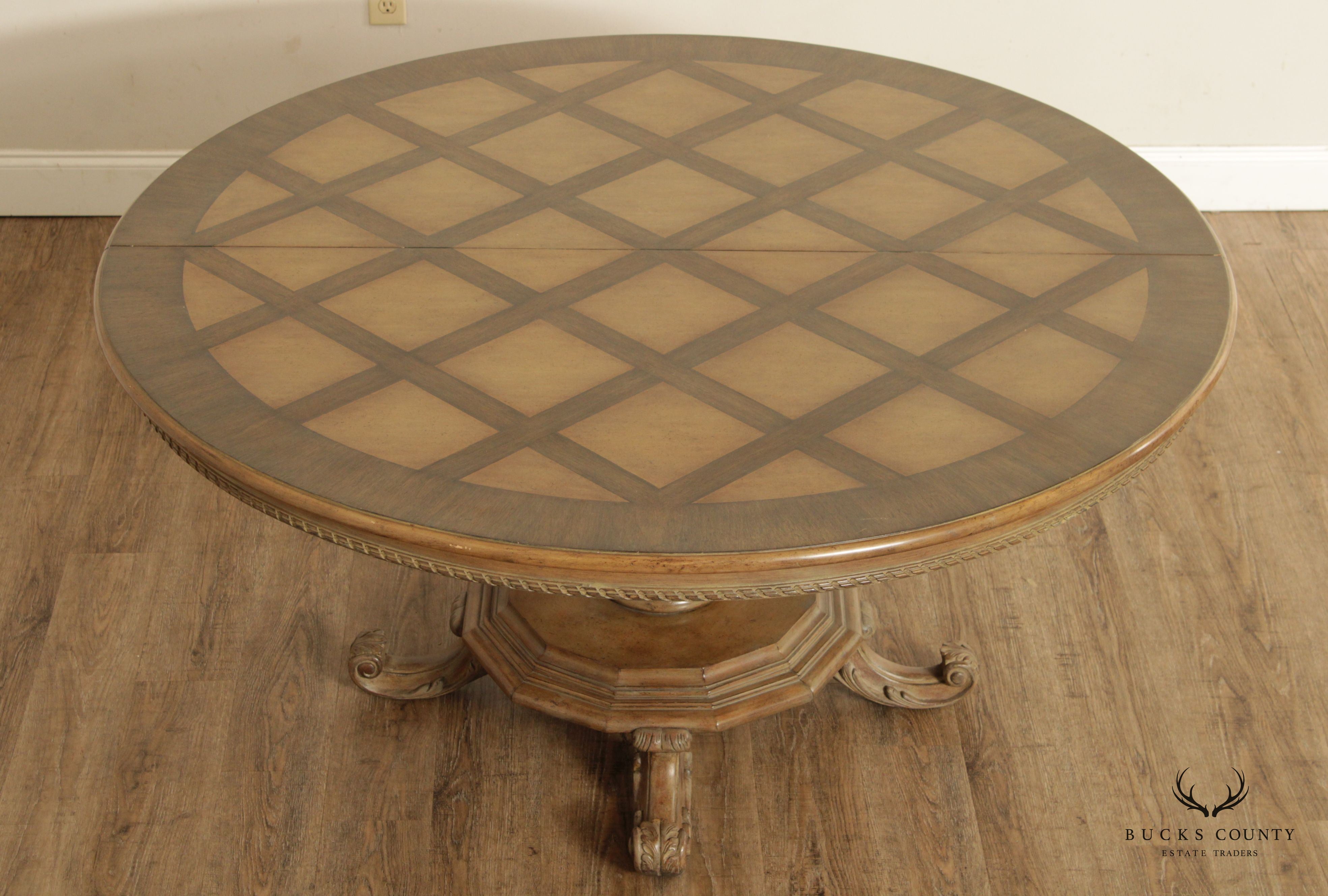 Rustic European Style Round Parquetry Top Pedestal Dining Table