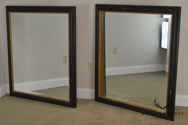 Regency Style Distressed Black & Gold Frame Rectangular Pair Beveled Mirrors