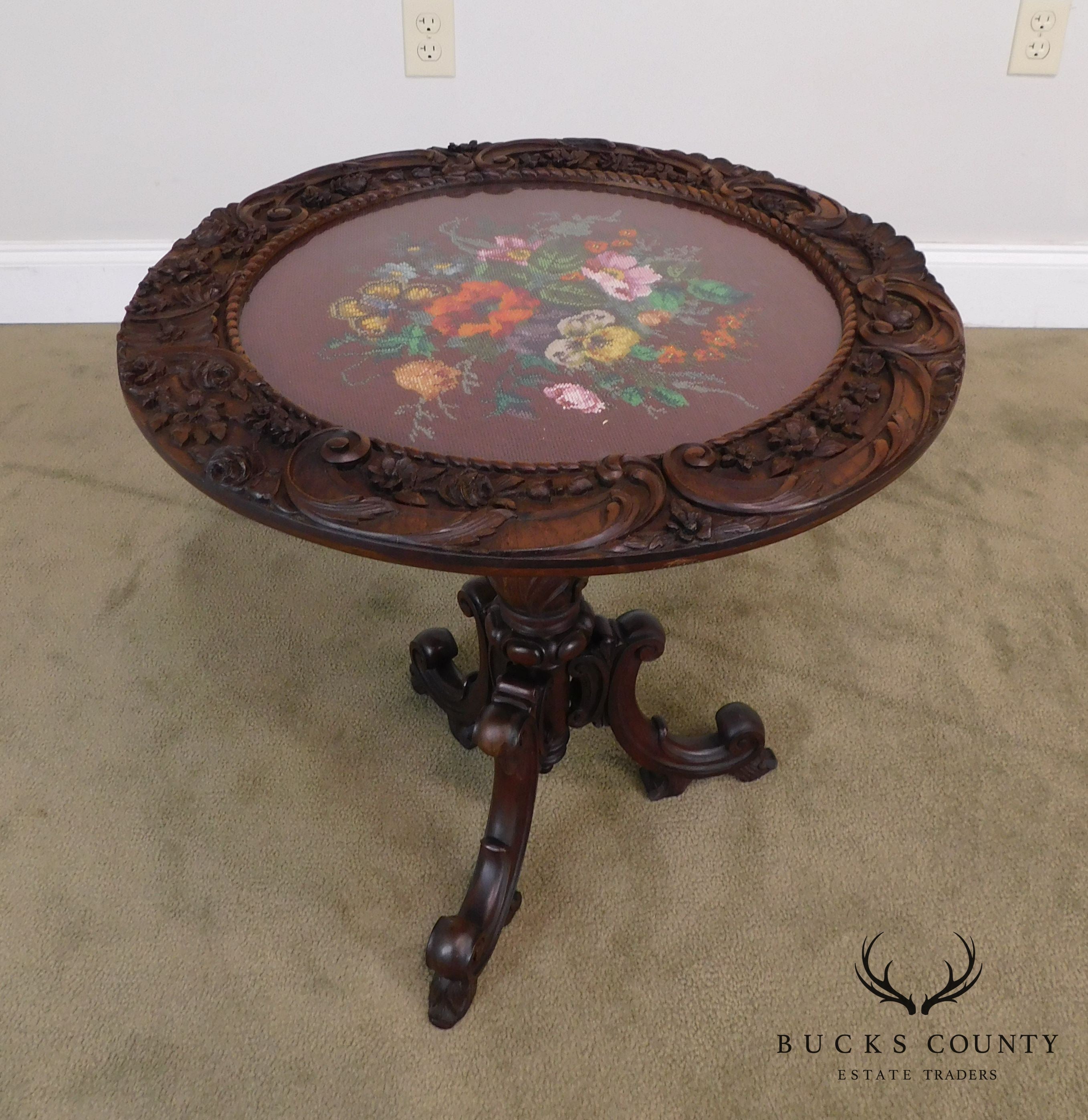 Renaissance Revival Antique Hand Carved Solid Walnut Round Table with Beeded Needlework