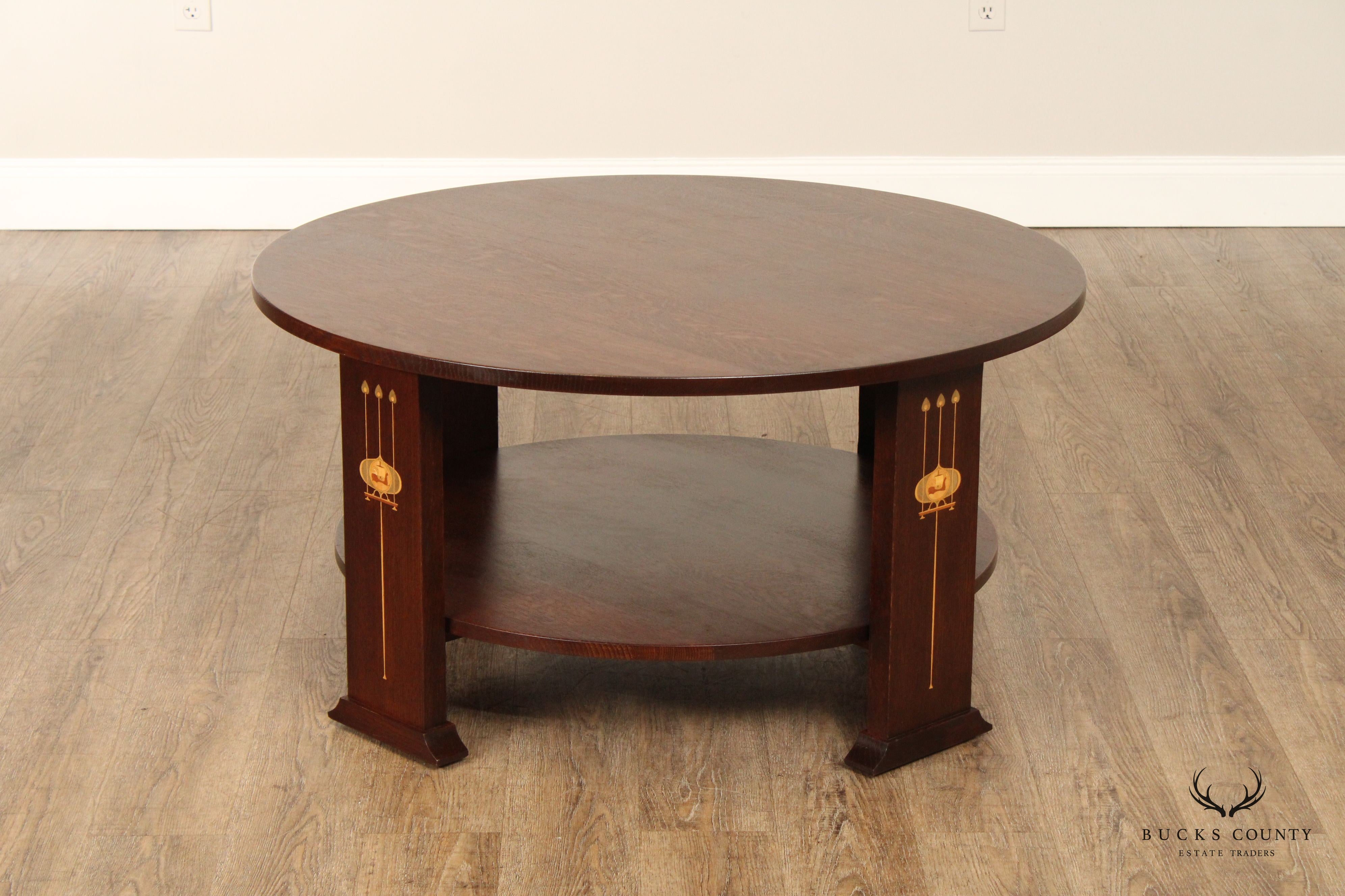 Stickley Mission Collection Oak Harvey Ellis Inlaid Round Cocktail Table