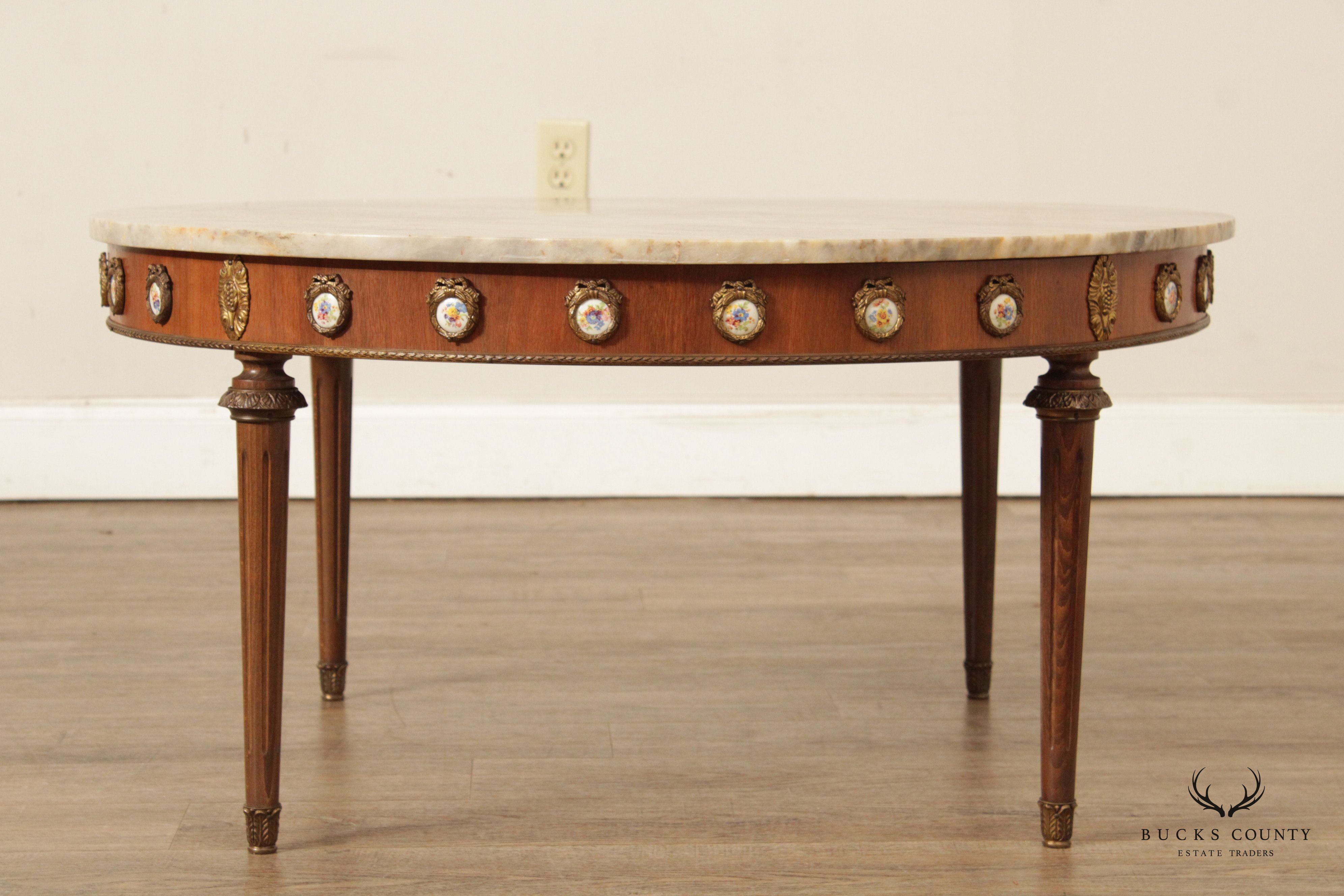 French Louis XVI Style Marble Top Cocktail Table