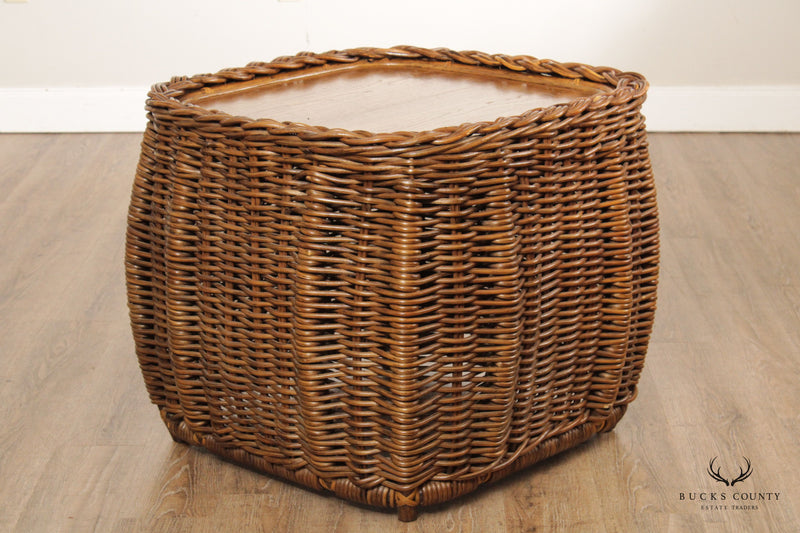 Vintage Woven Wicker and Wood Side Table