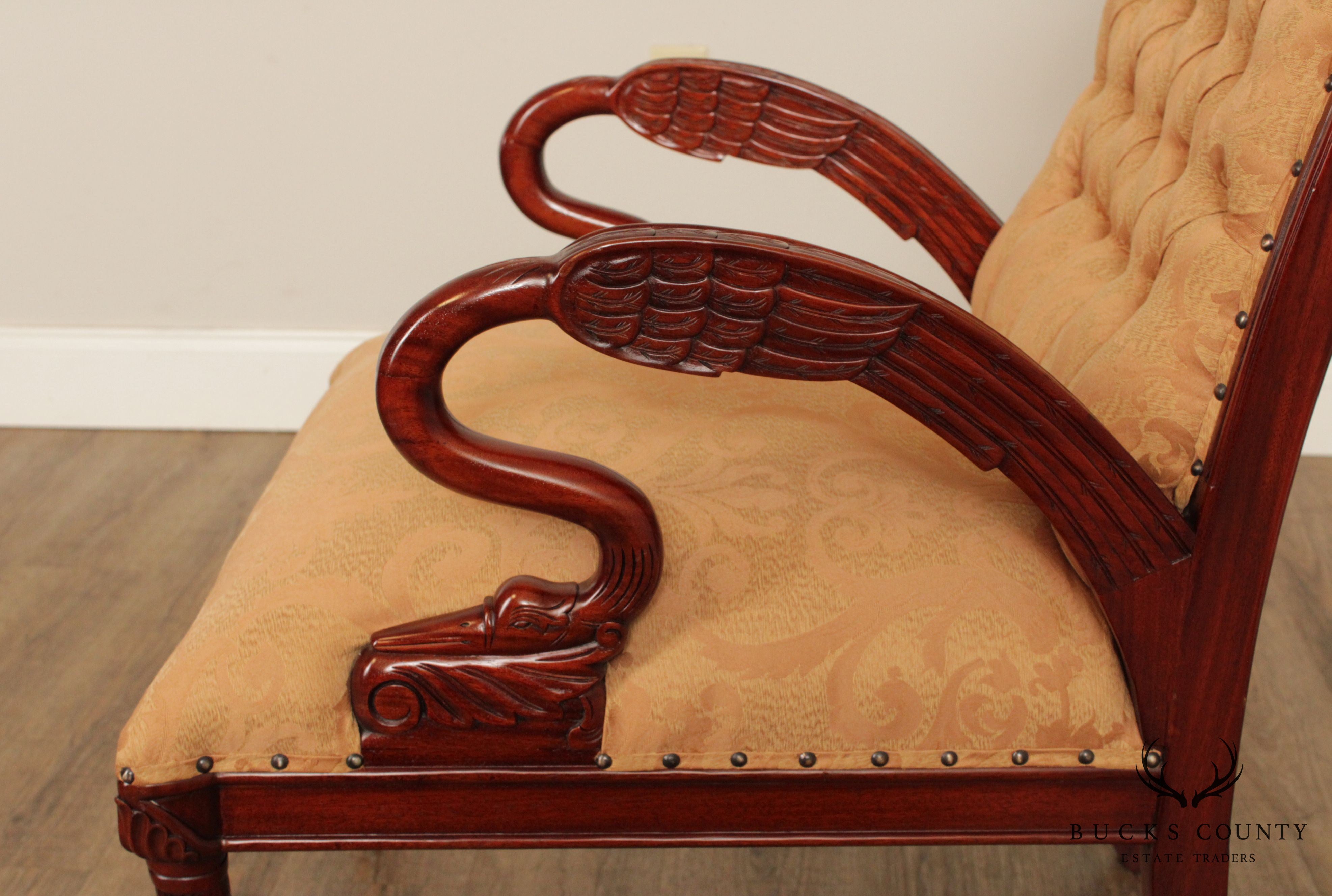 French Regency Style Pair Carved Mahogany Frame Armchairs